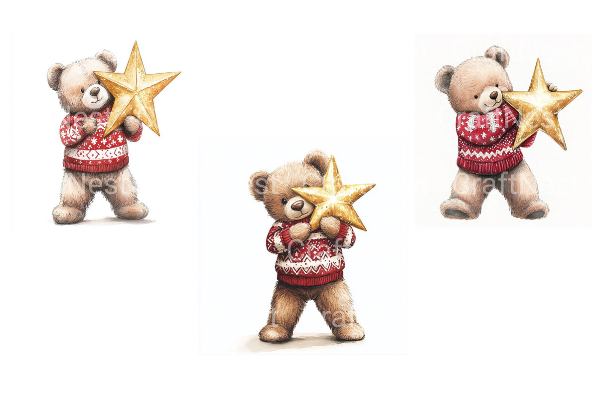 Adorable Bear Holding Christmas Star Clipart Bundle