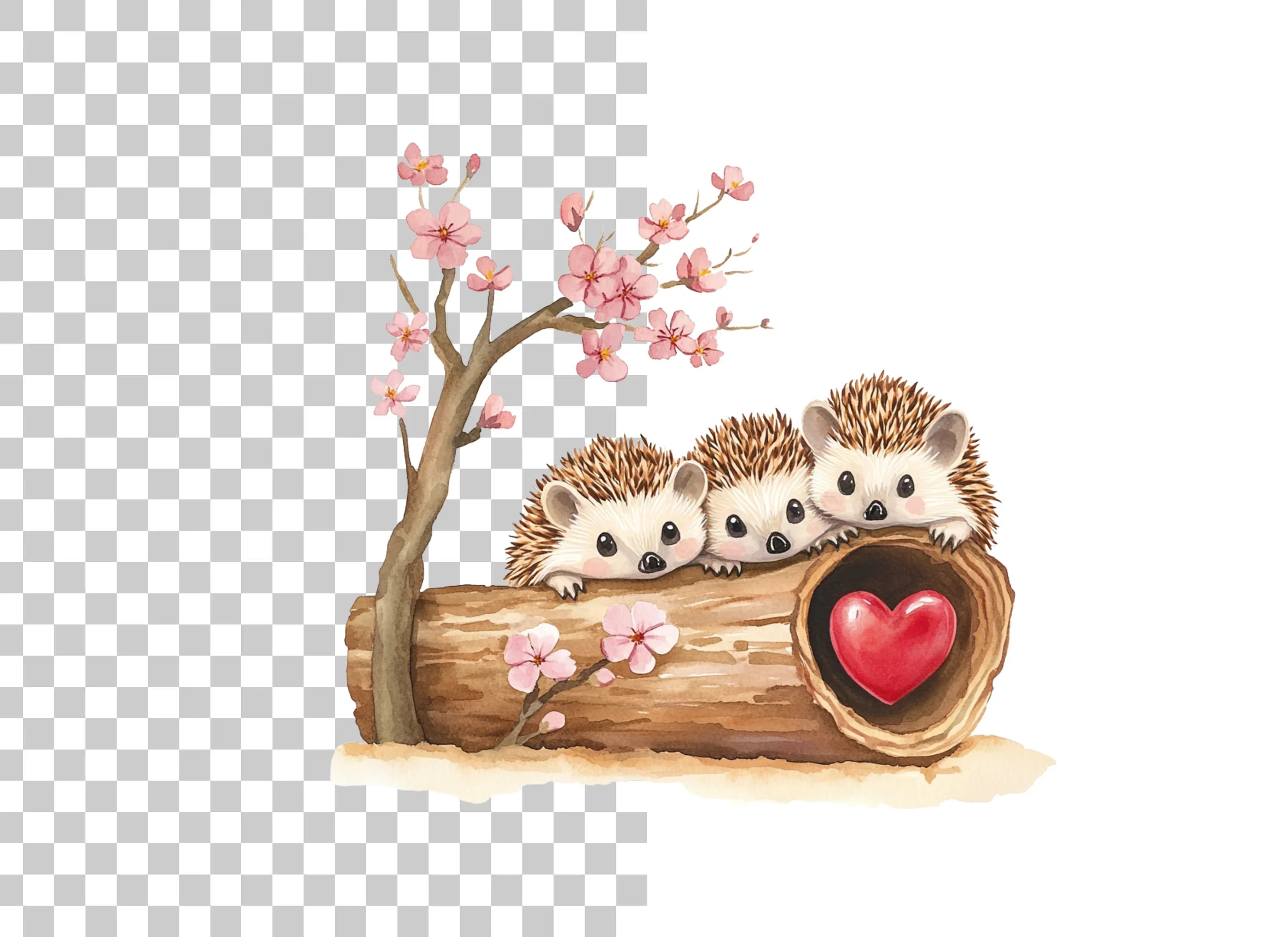 Hedgehogs in Log with Cherry Blossoms Clipart Bundle