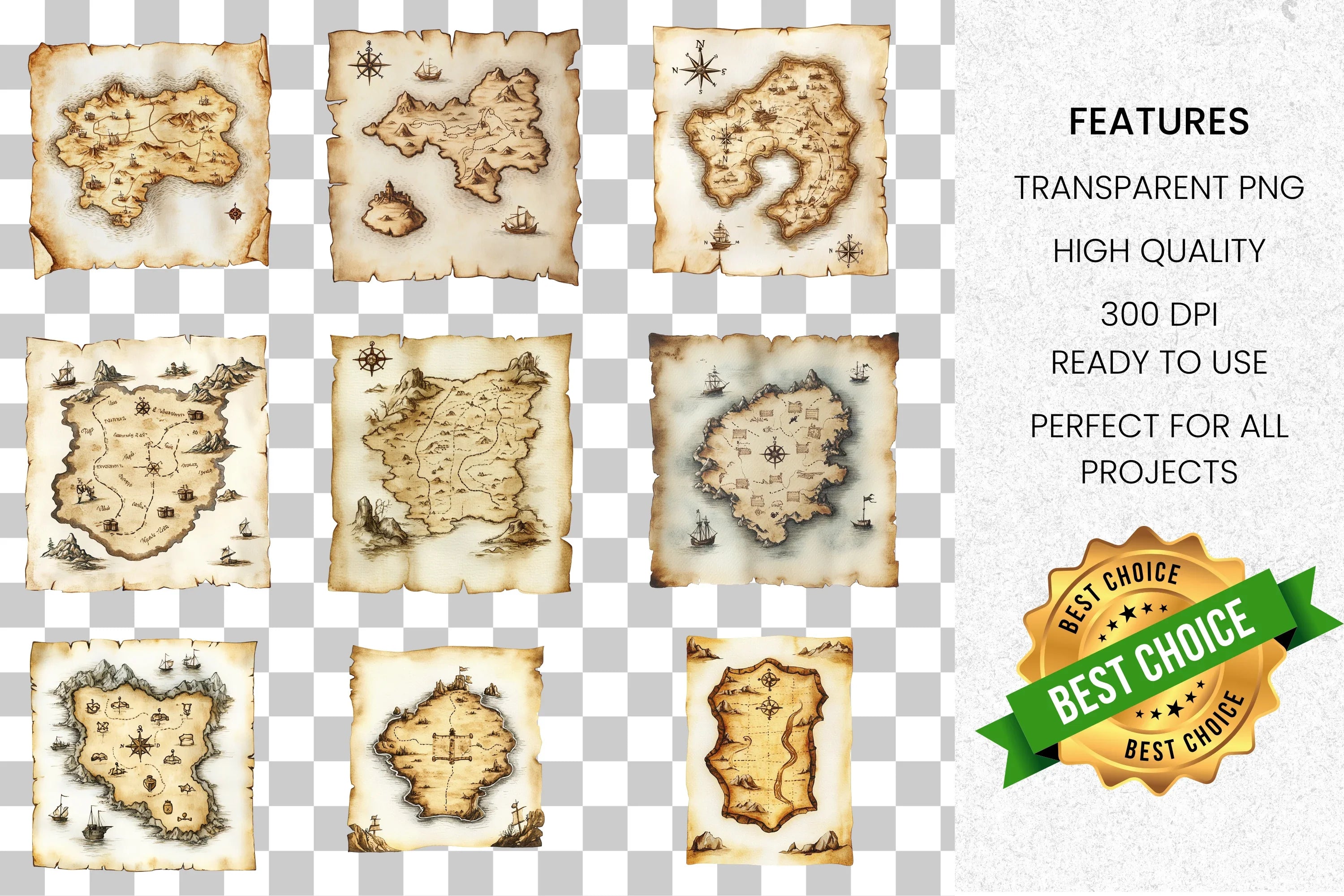 Vintage Treasure Maps Clipart Bundle