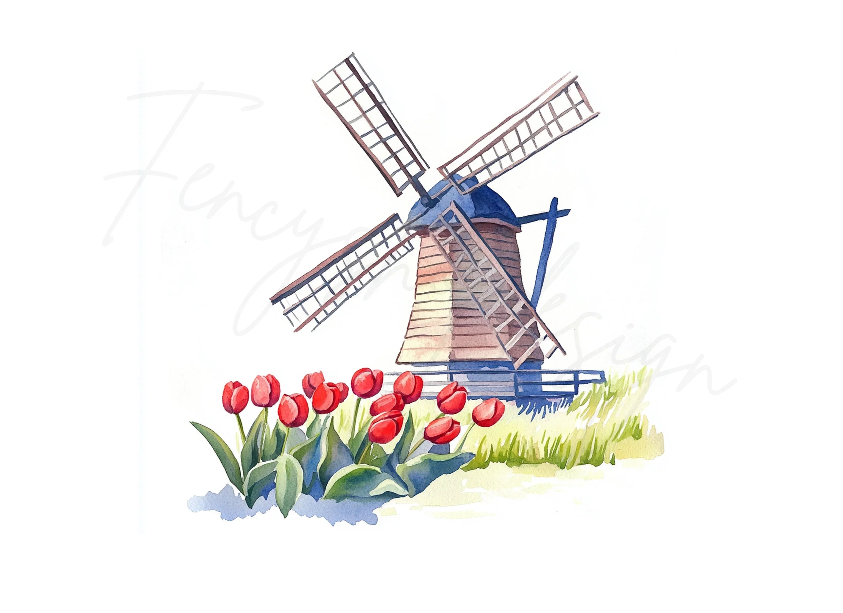 Dutch Windmills and Red Tulips Clipart Bundle
