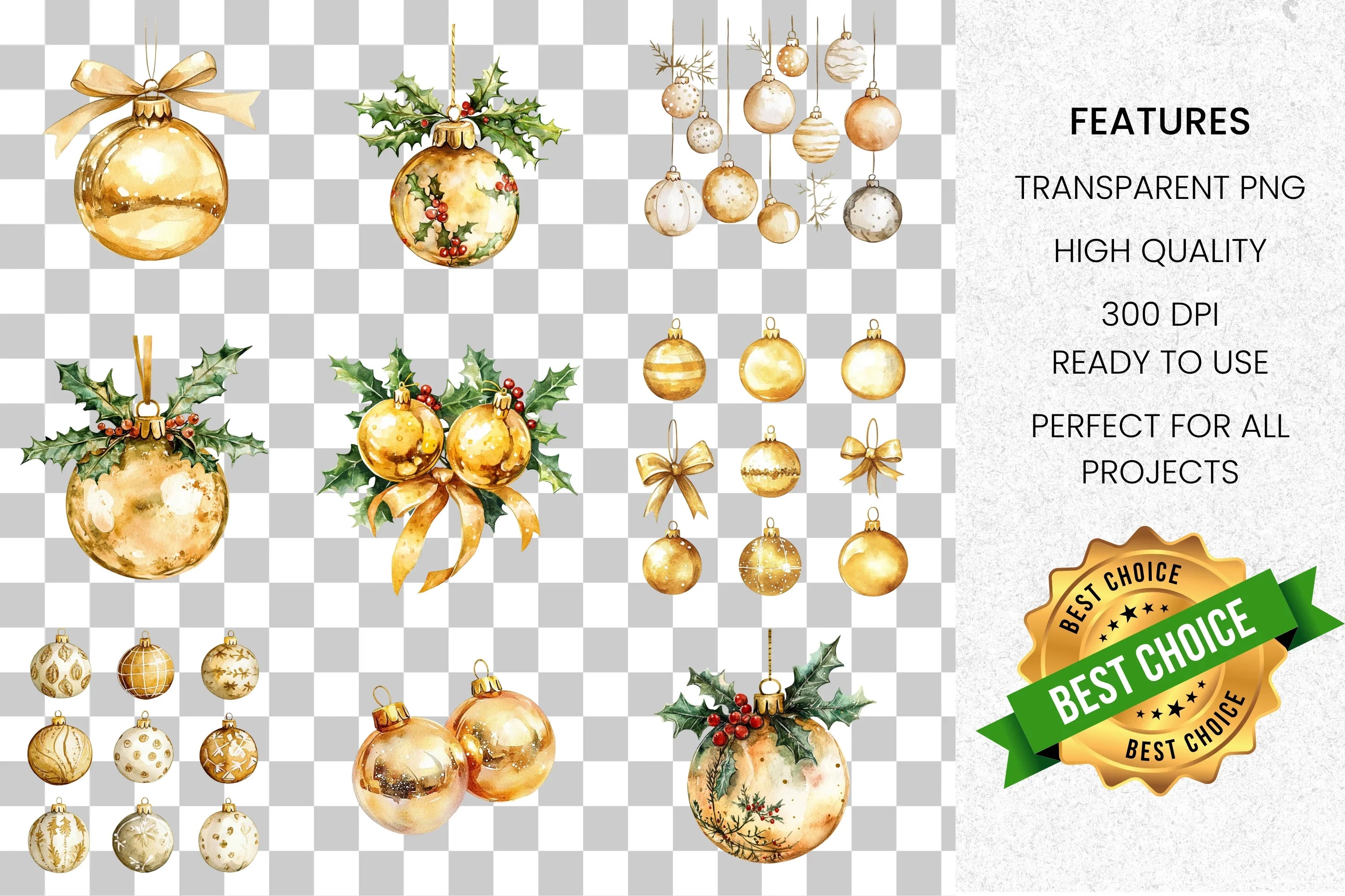Golden Christmas Ornaments Holly Clipart Bundle
