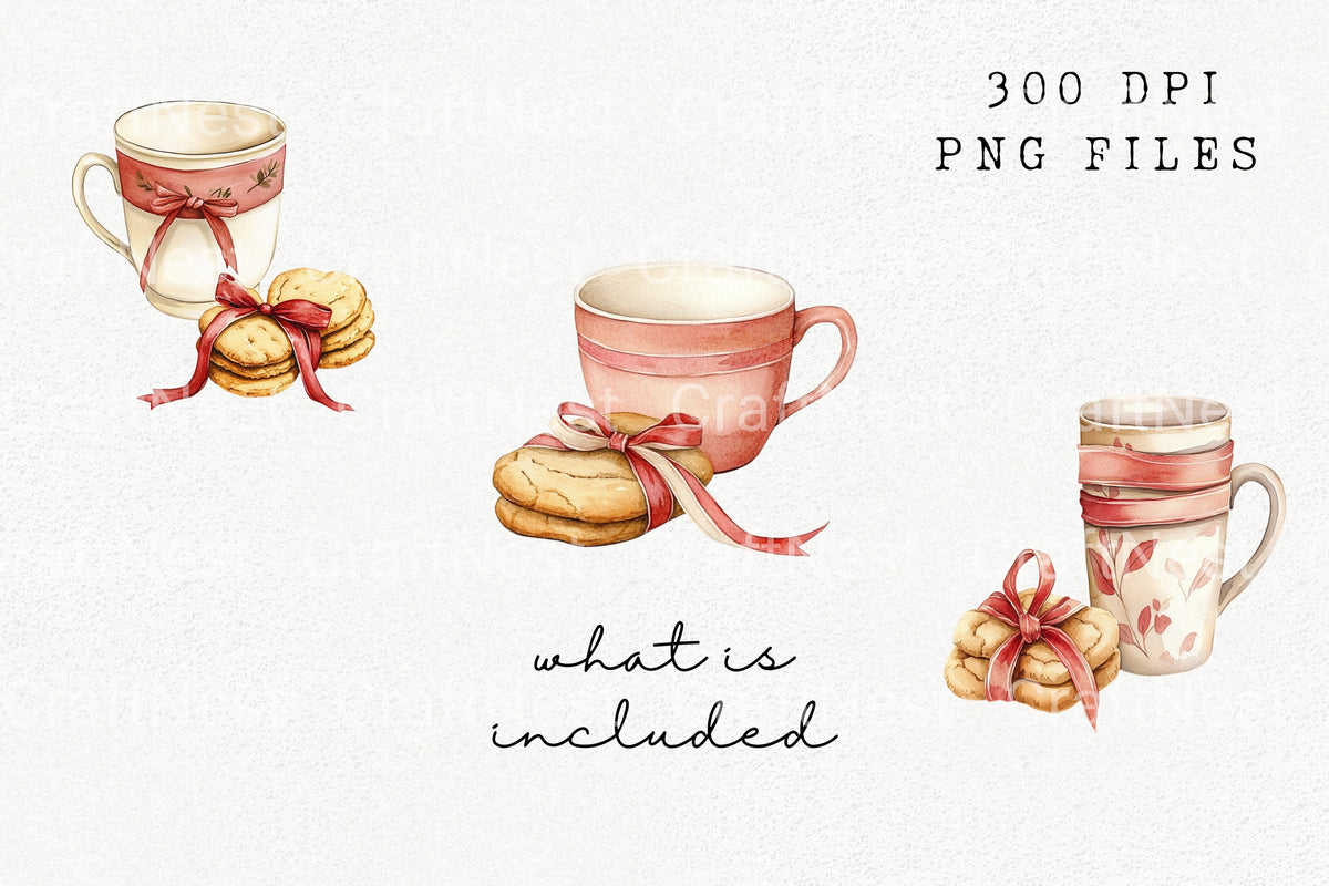 Cozy Mugs With Cookies Ribbons Clipart Bundle