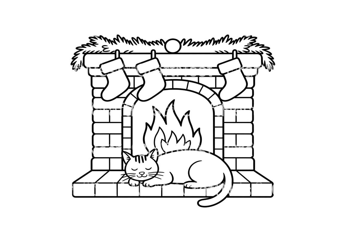 Christmas Fireplace Cat Coloring Books