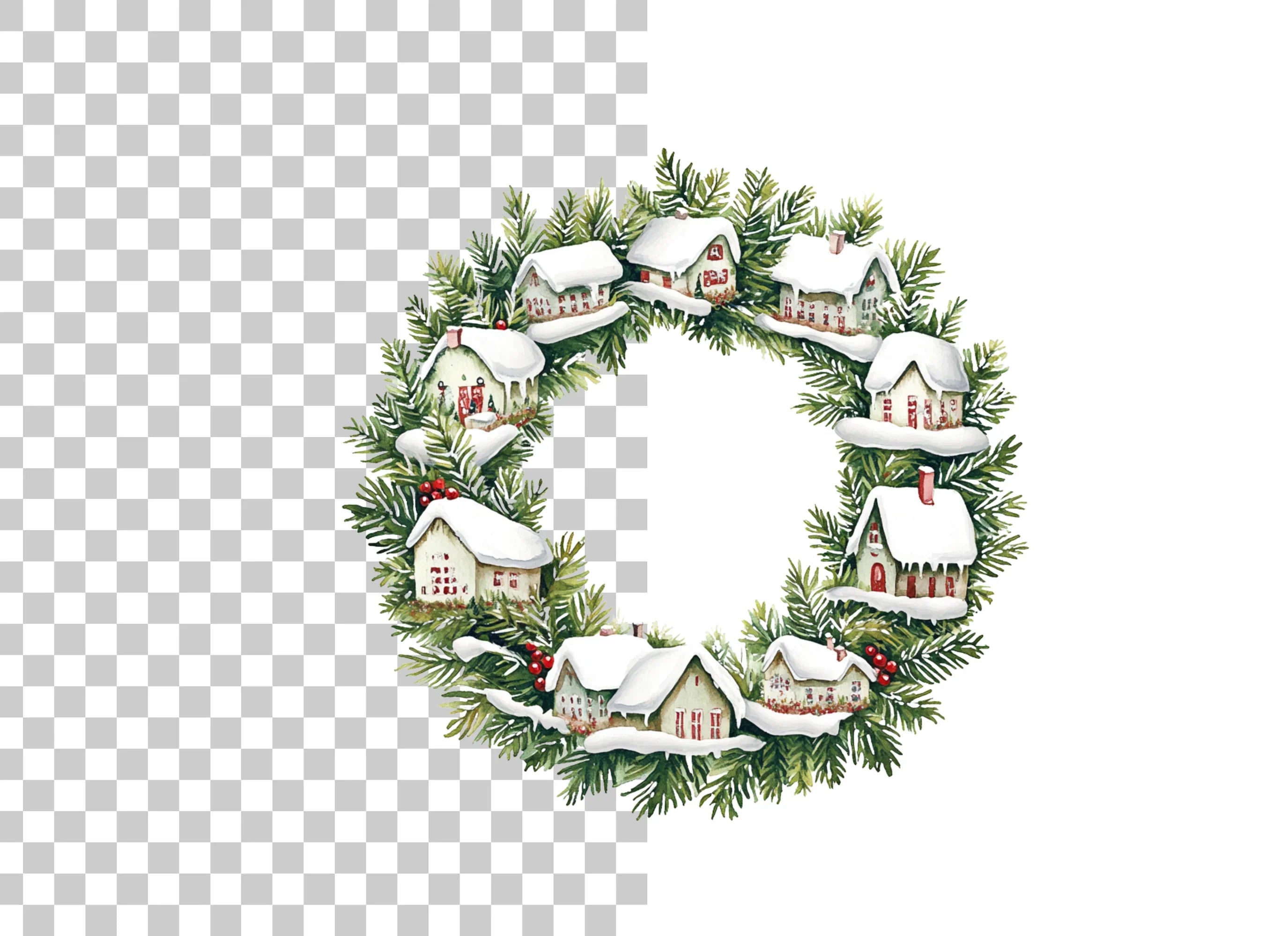 Snowy Village Christmas Wreath Clipart Bundle