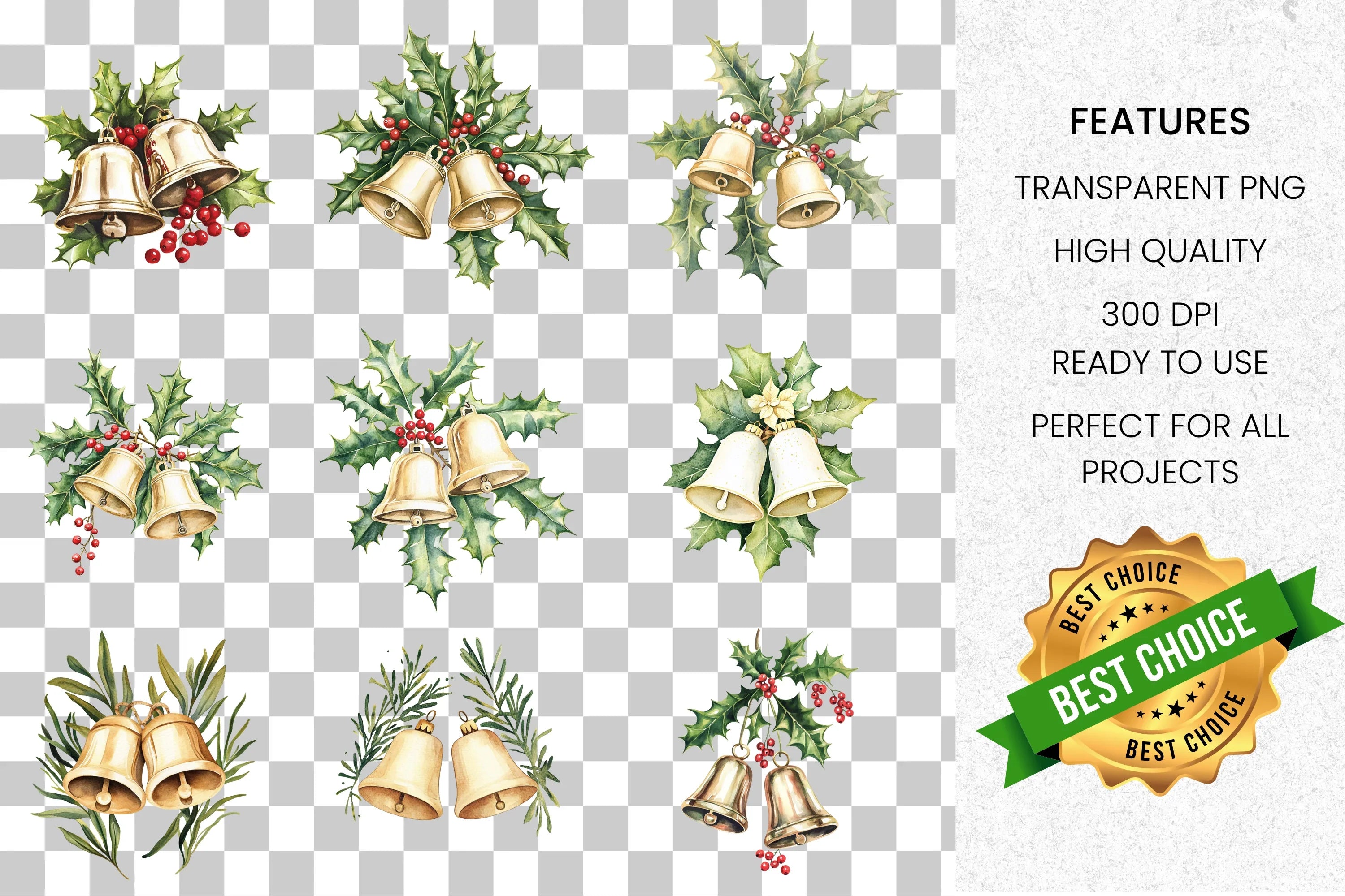 Festive Christmas Bells Holly Clipart Bundle