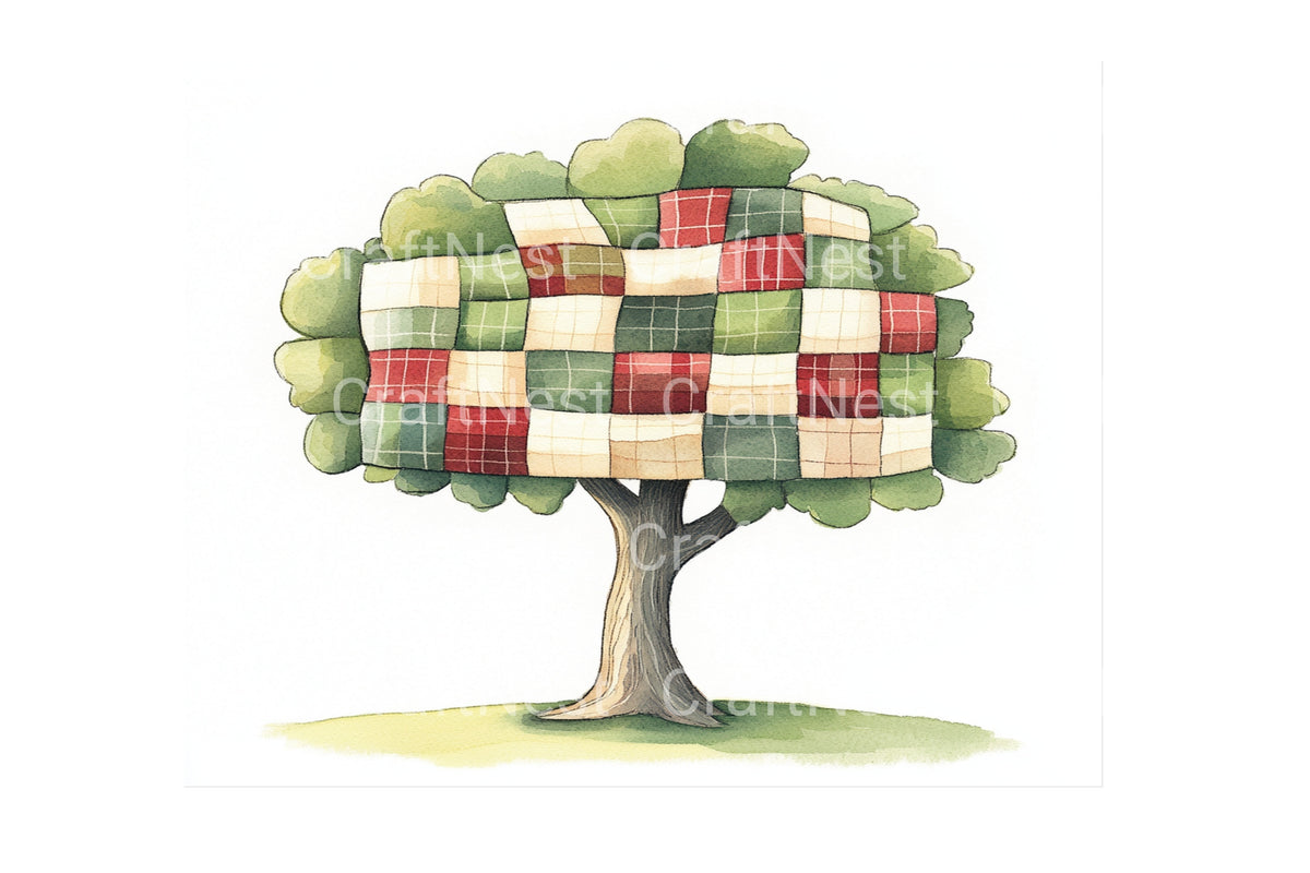 Holiday Patchwork Tree Artwork Clipart Bundle