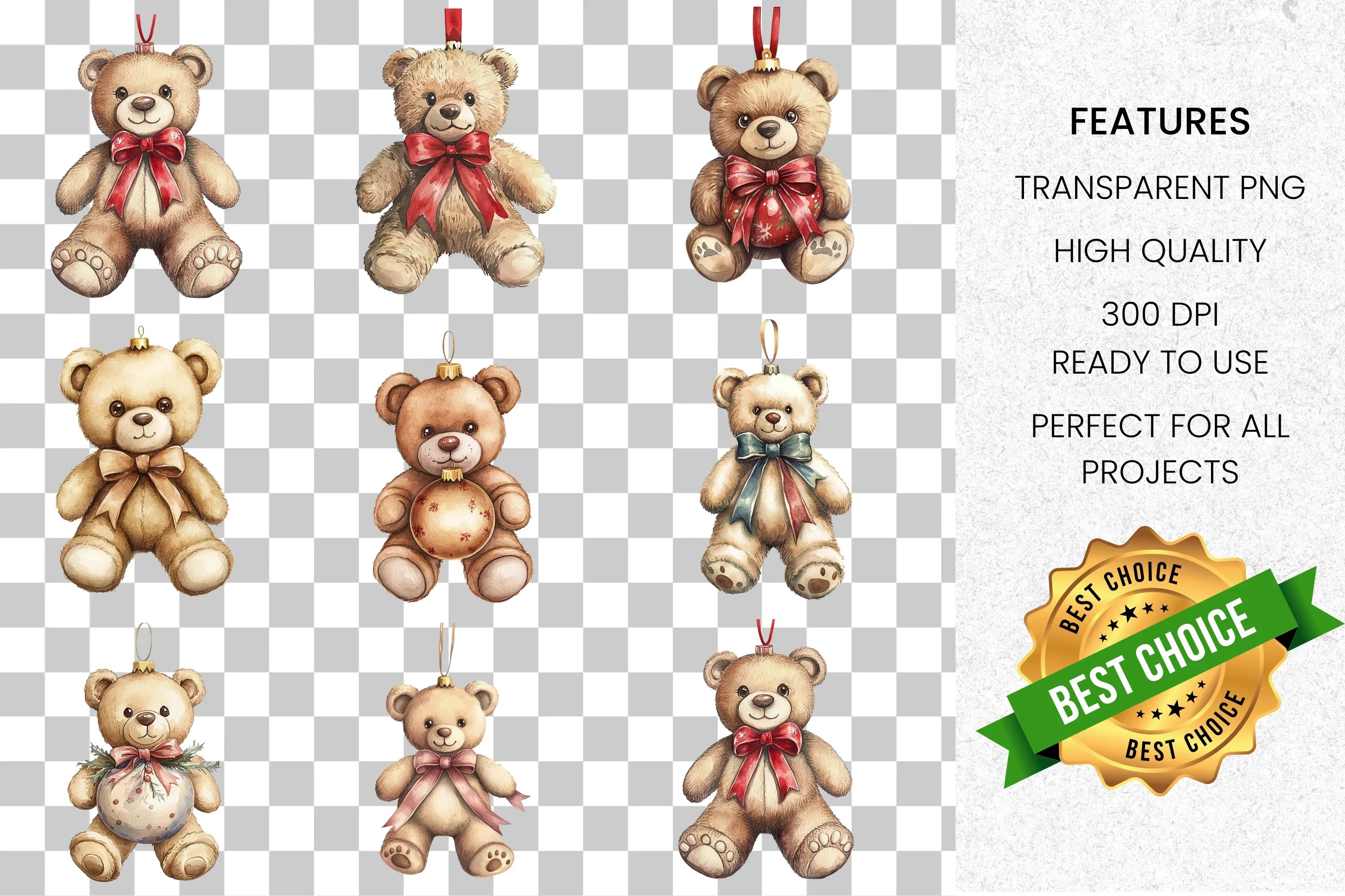 Teddy Bear Christmas Ornaments Clipart Bundle