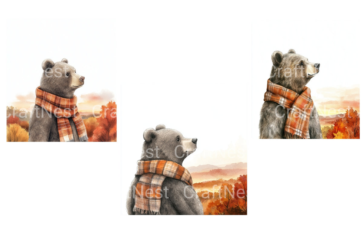 Bear In Plaid Scarf Autumn Landscape Clipart Bundle