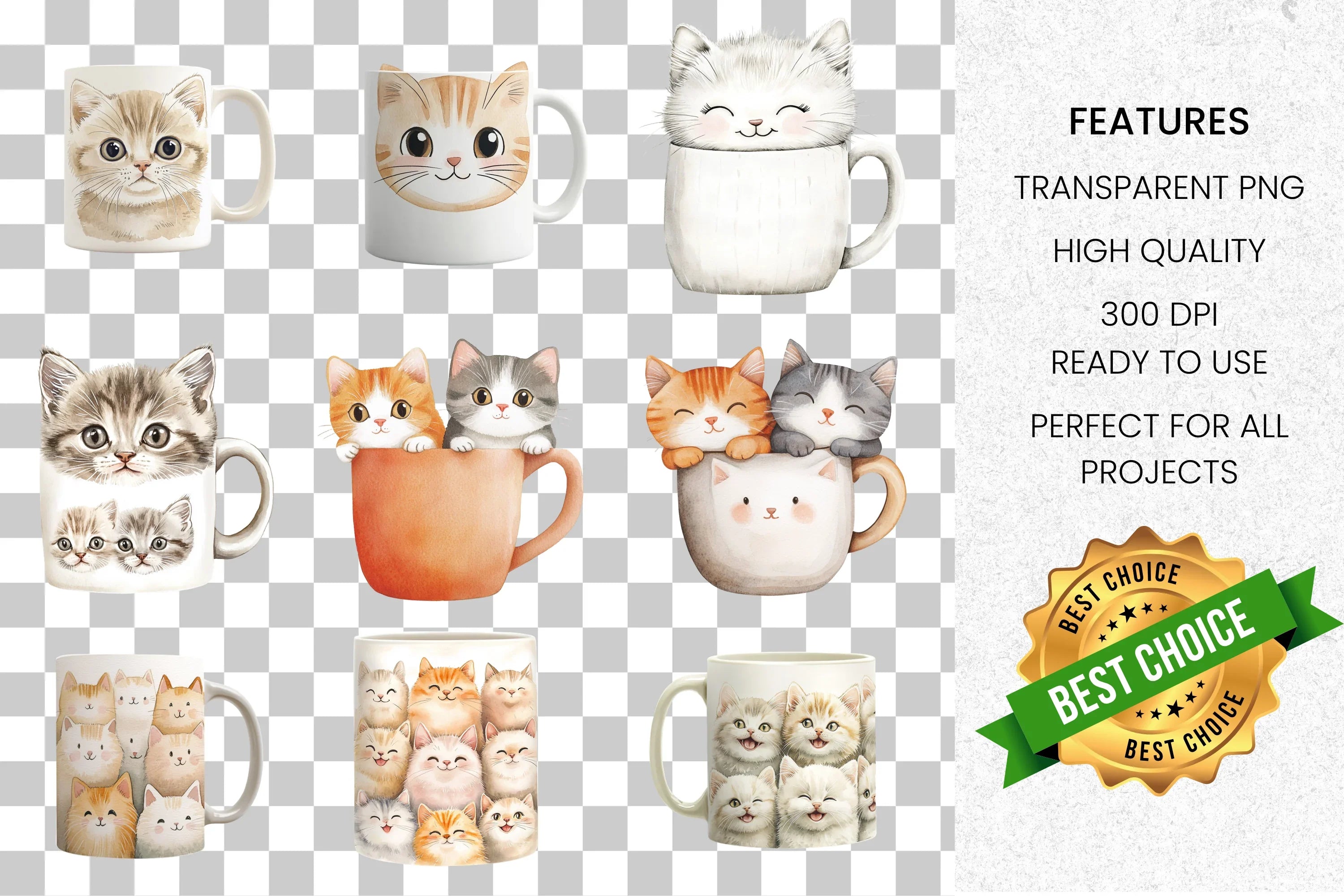 Cute Cats in Mugs Clipart Bundle