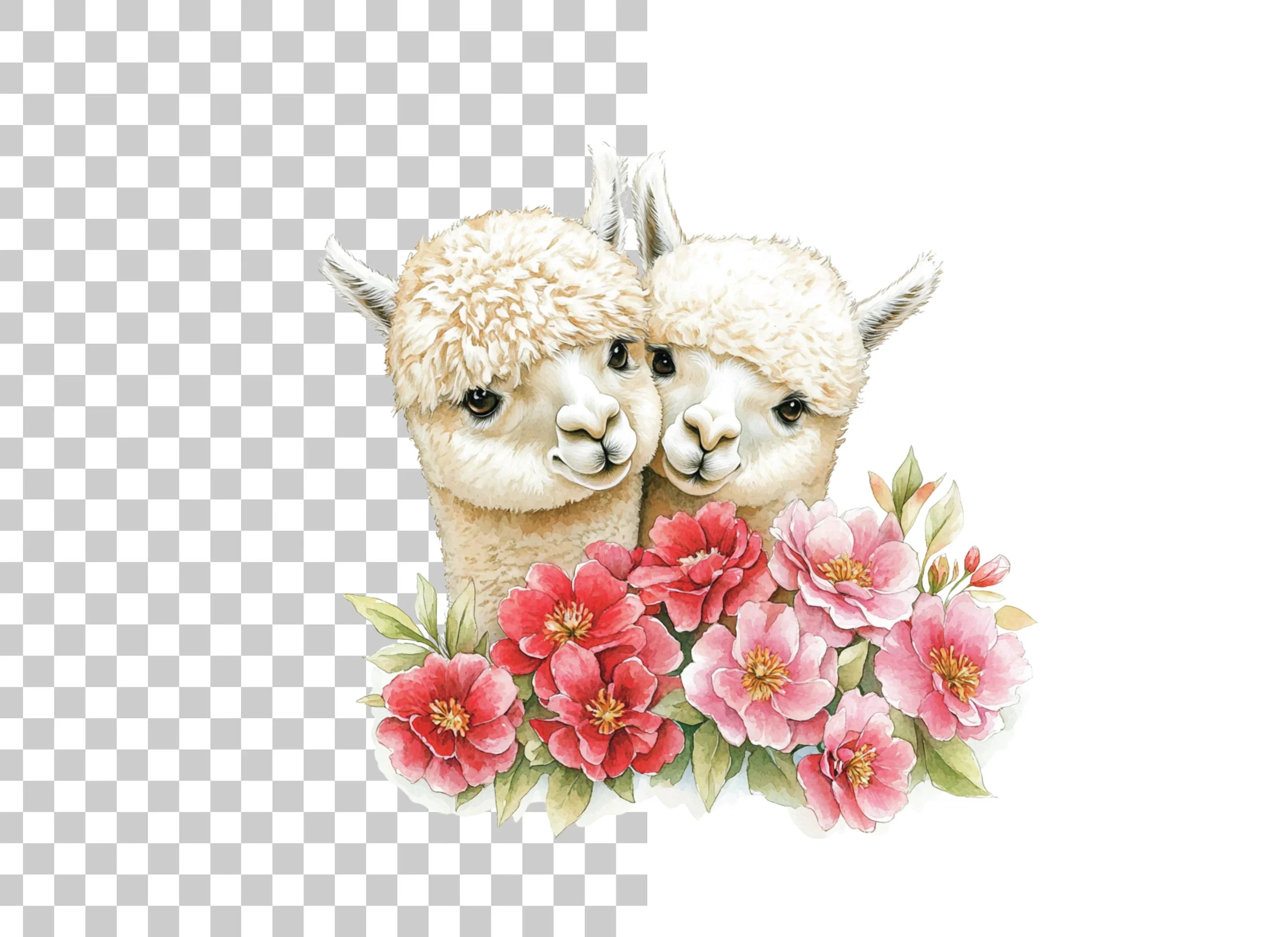 Cute Alpaca Couple with Pink Flowers Clipart Bundle