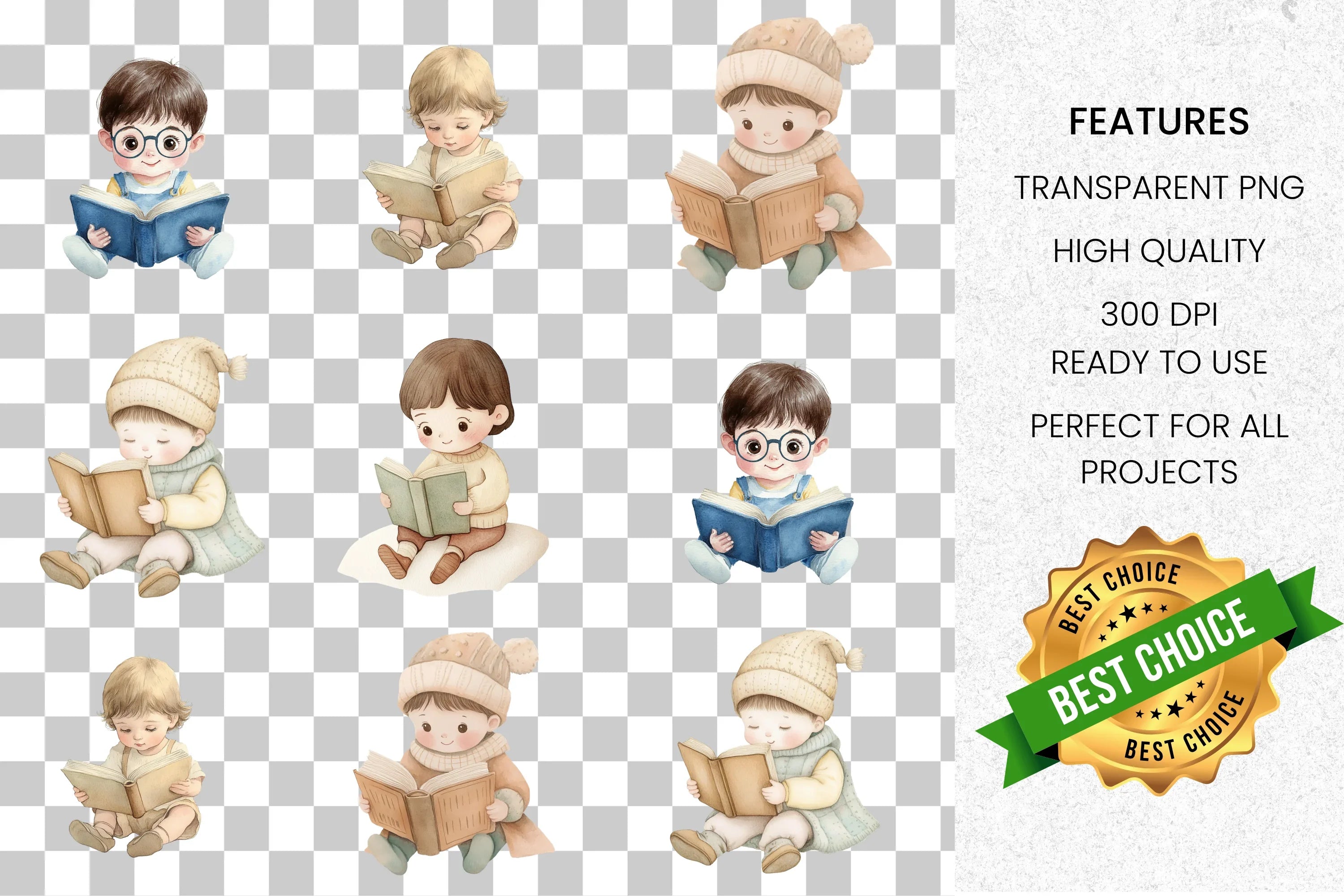 Adorable Kids Reading Books Clipart Bundle
