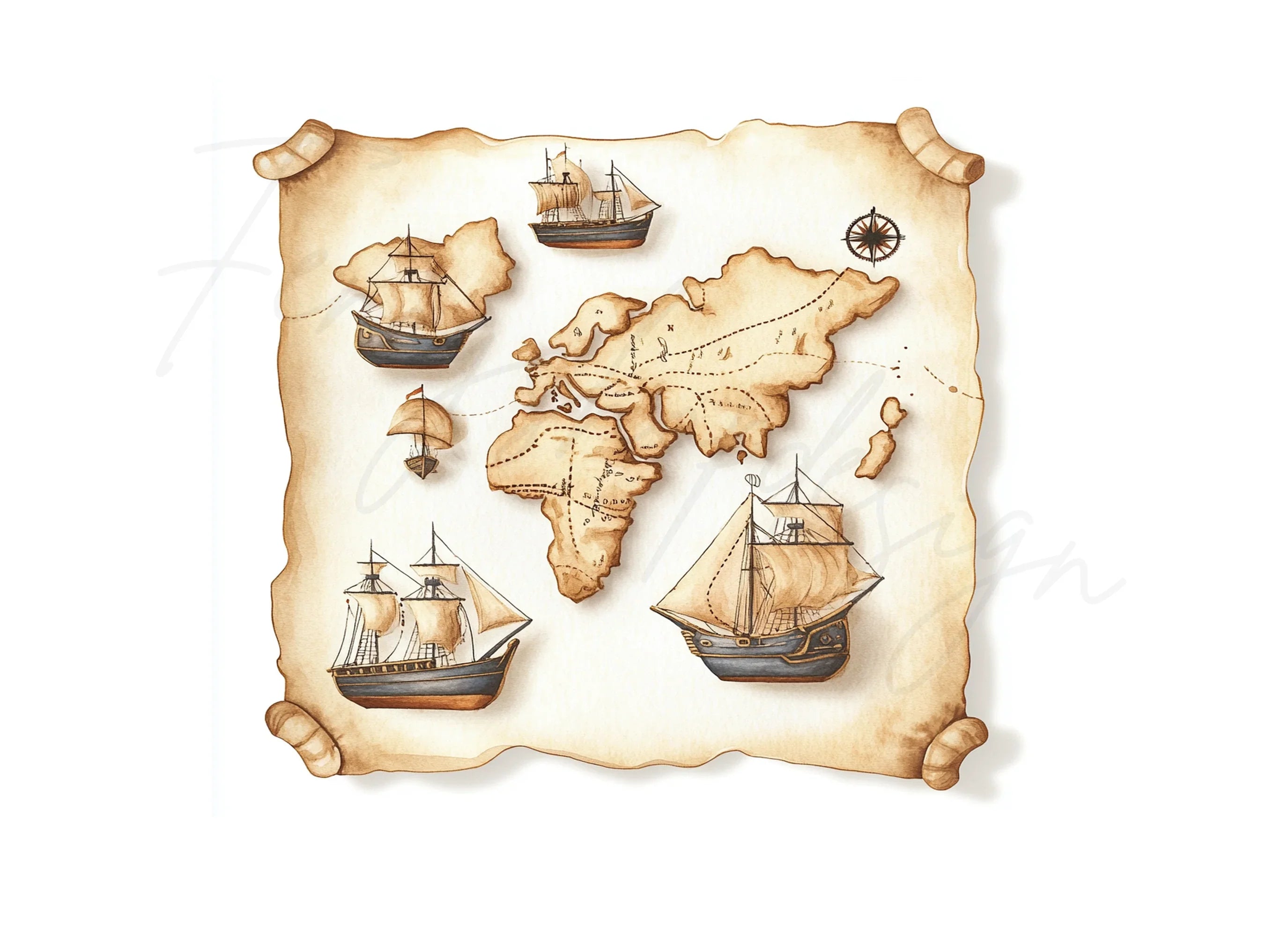 Old World Map and Ship Clipart Bundle