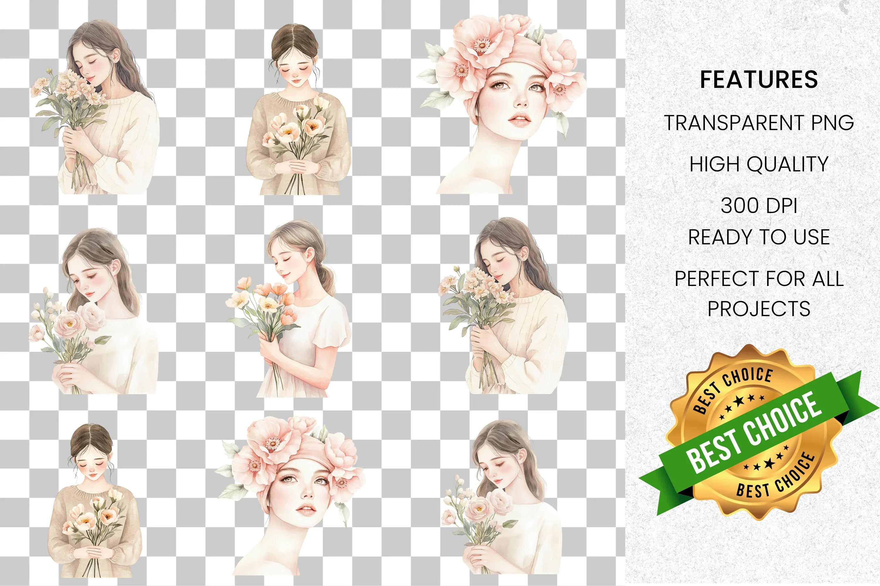 Elegant Girls with Flowers Clipart Bundle