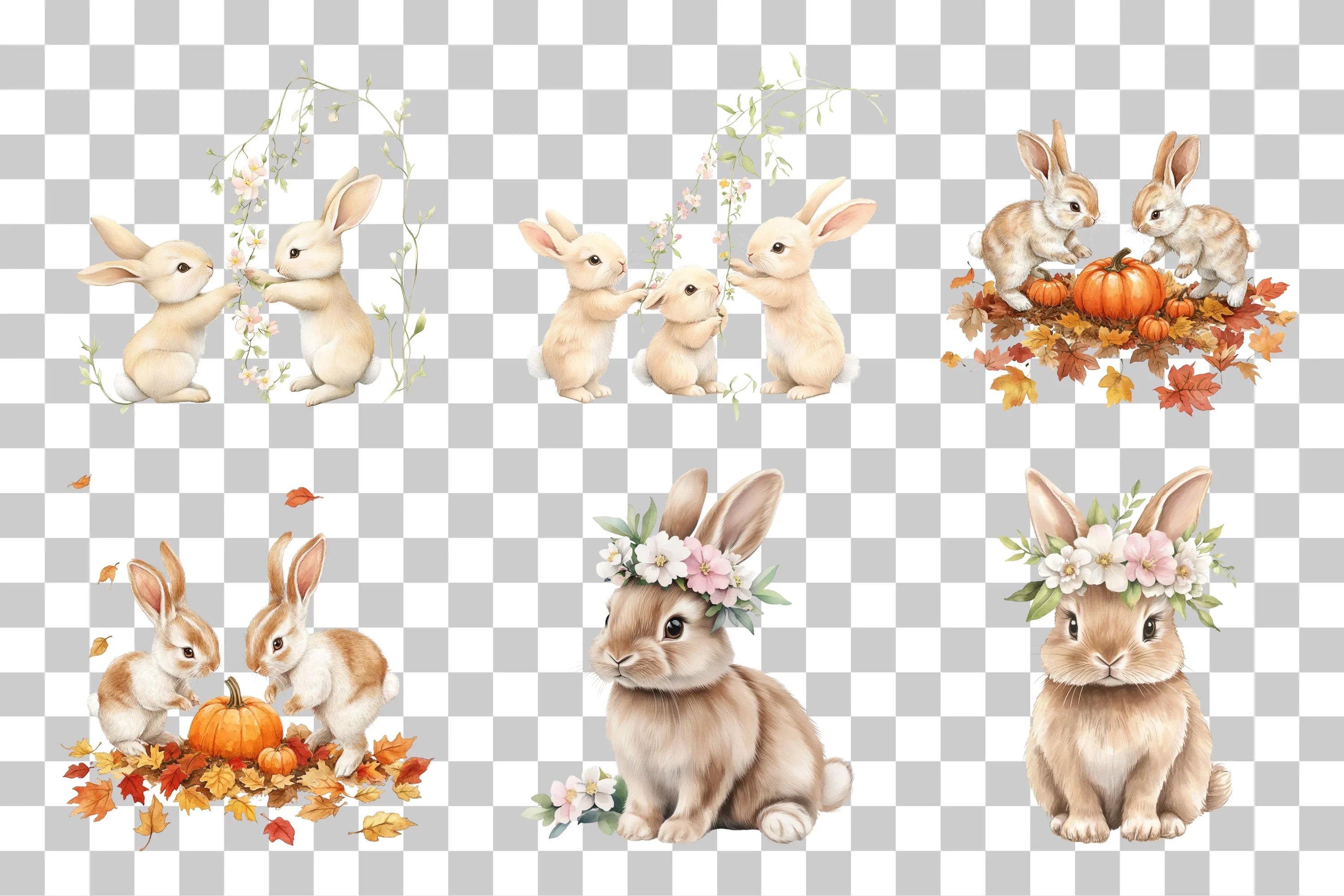Cute Easter Bunnies with Carrots Clipart Bundle