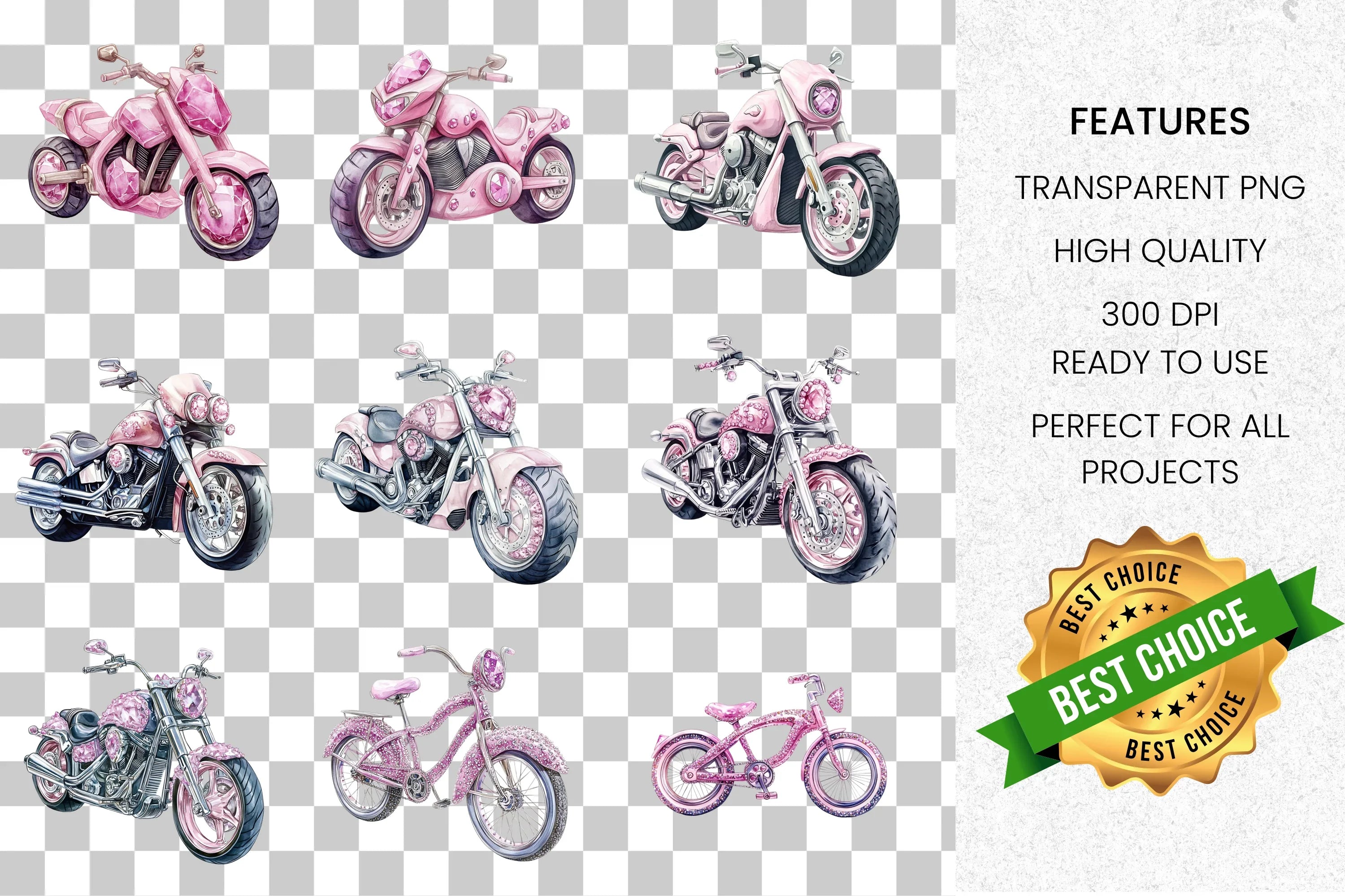 Pink Motorcycles Clipart Bundle