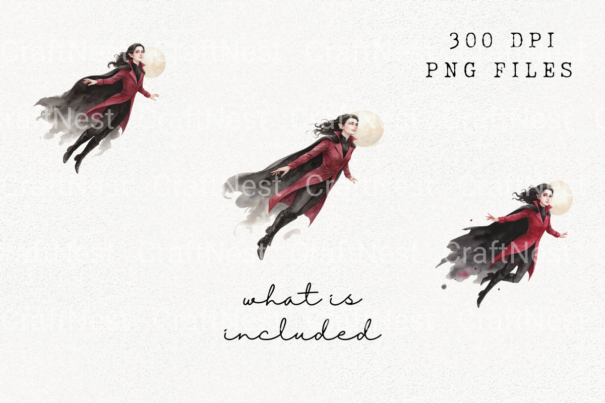 Red Vampire Flying With Moon Clipart Bundle