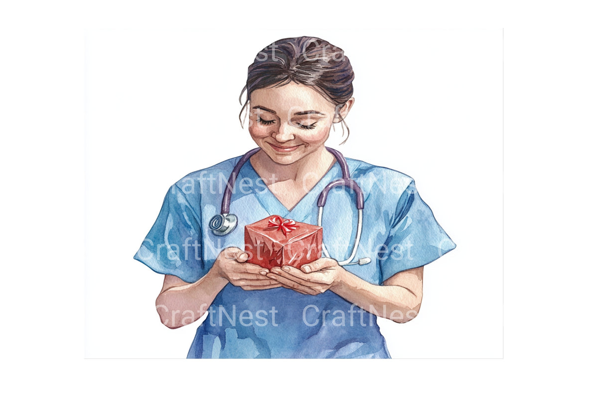 Nurse Holding Small Gift Box Clipart Bundle