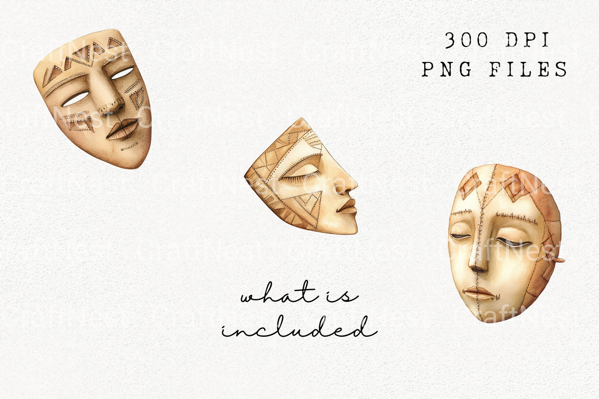 African Inspired Tribal Masks Clipart Bundle