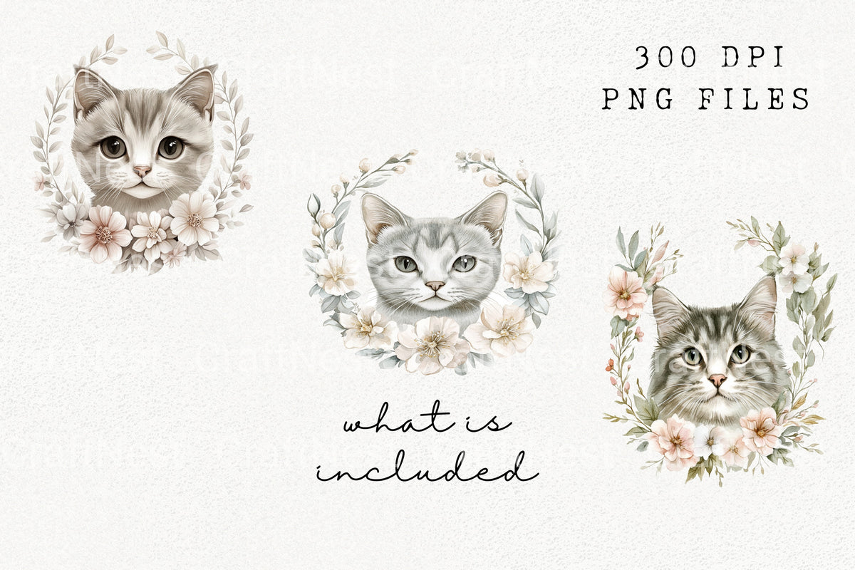 Cute Cat Floral Clipart Bundle