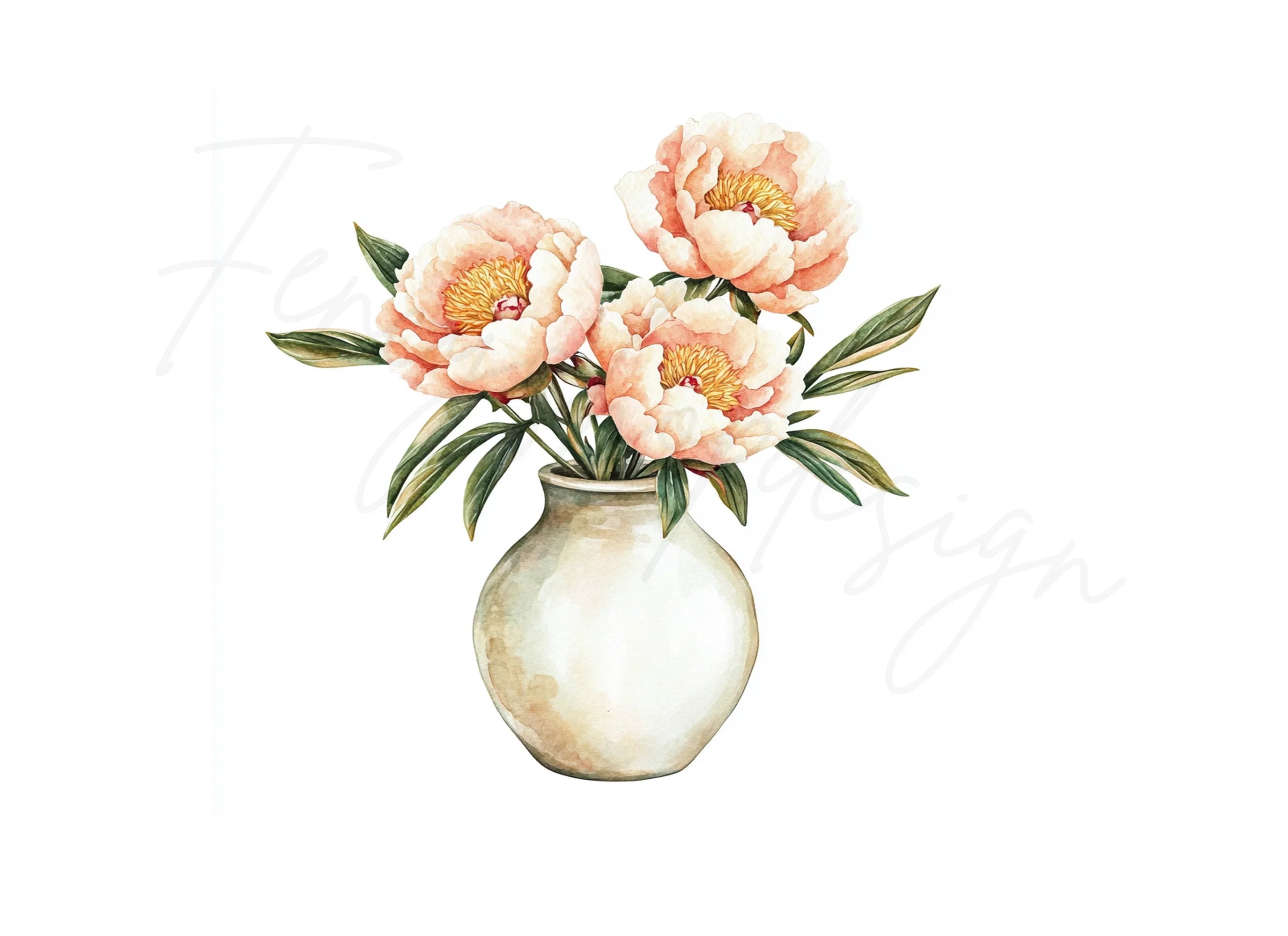 Pink Peonies in White Vase Clipart Bundle