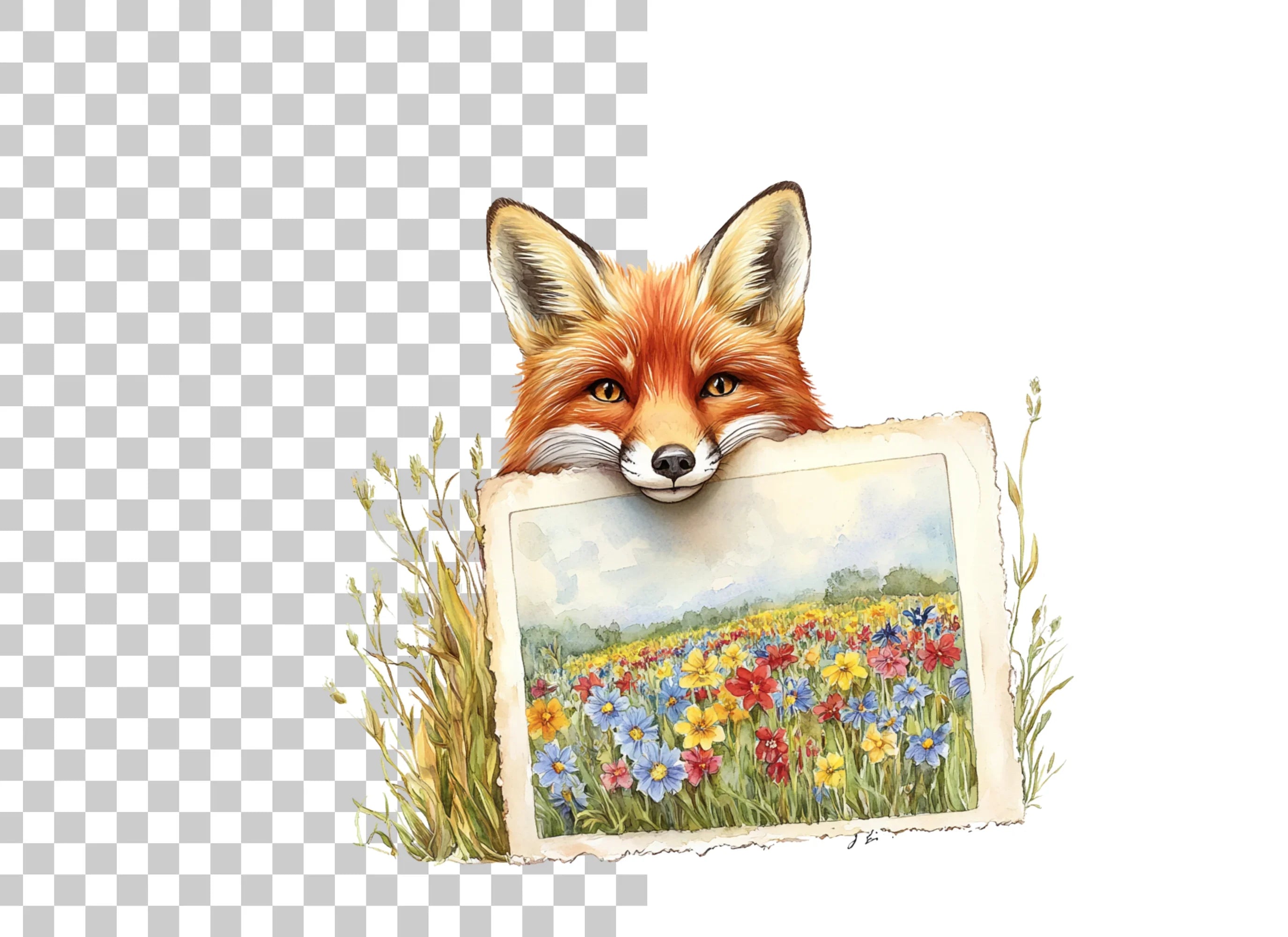 Fox and Wildflower Field Clipart Bundle