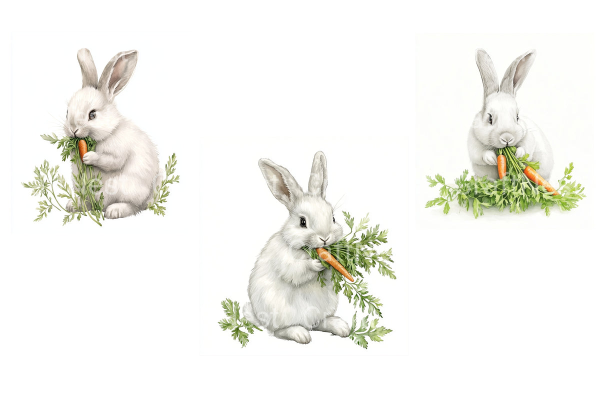 Cute White Bunny Eating Carrot Clipart Bundle