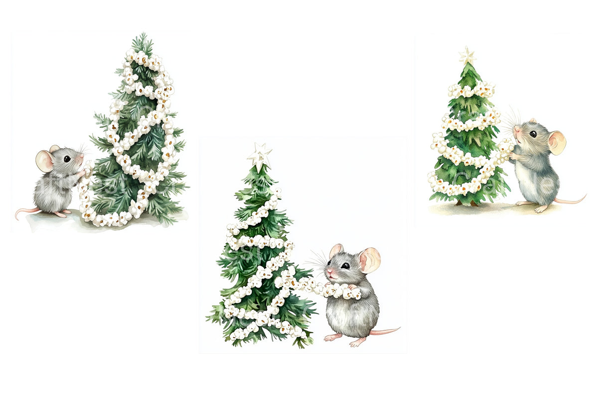 Mice Decorating Christmas Tree Clipart Bundle