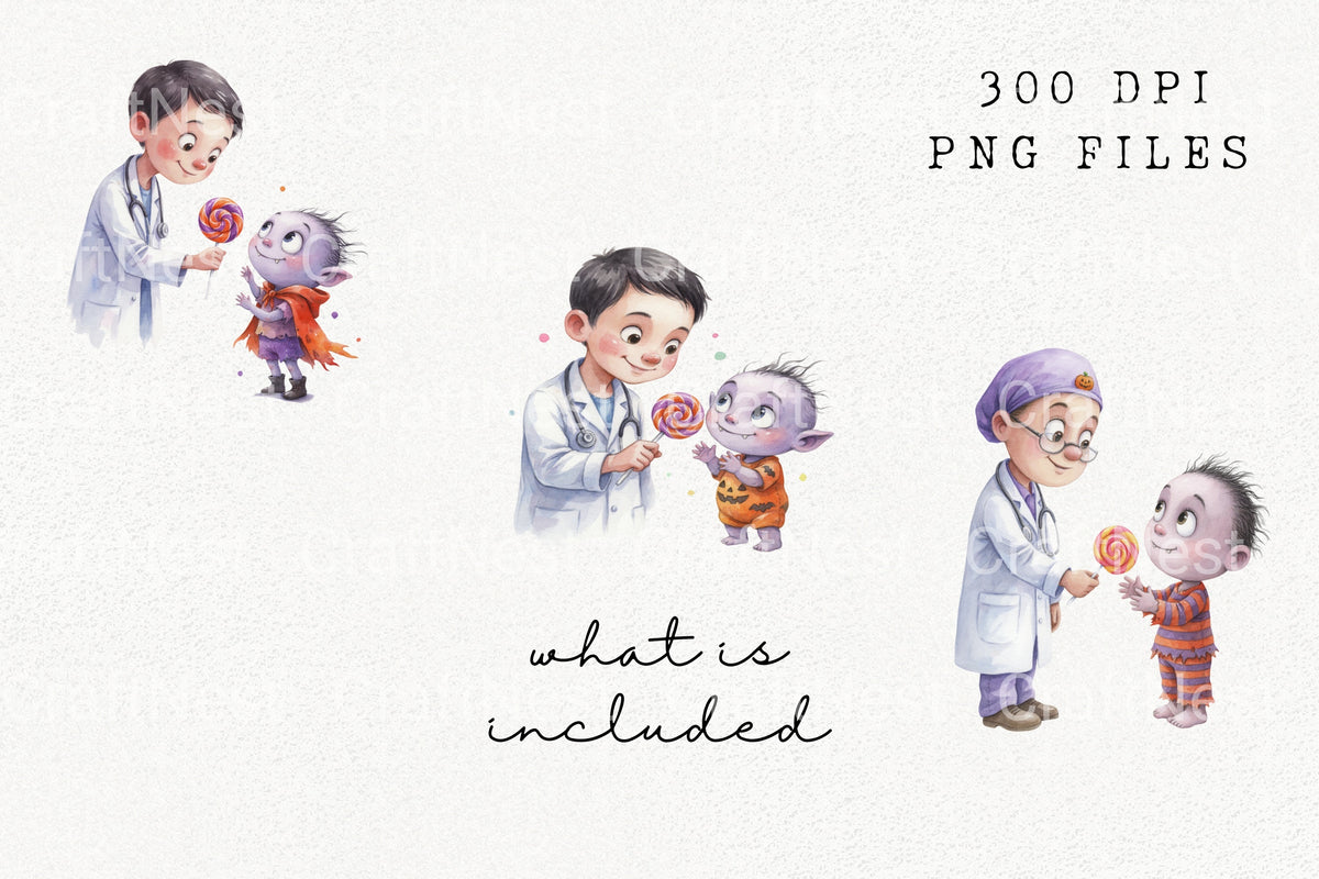 Doctor Giving Vampire Child Lollipop Clipart Bundle