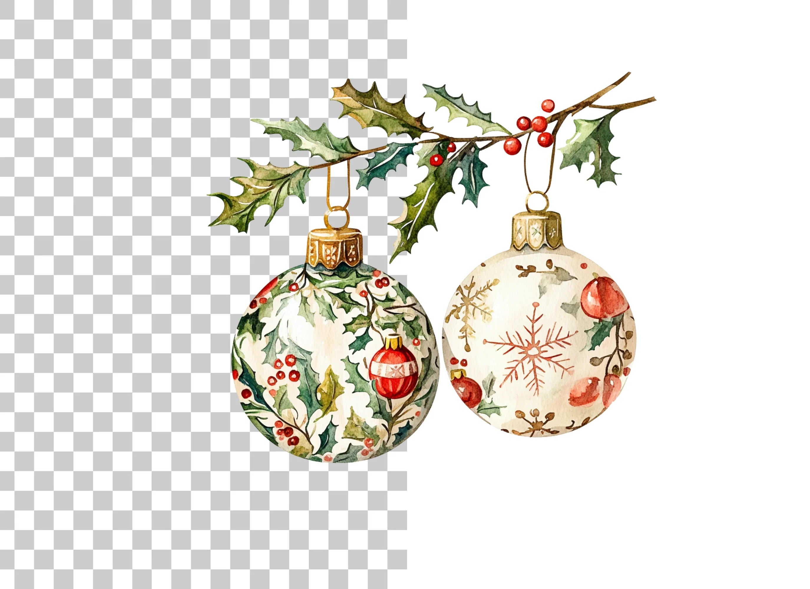 Holly Branch Christmas Ornaments Clipart Bundle