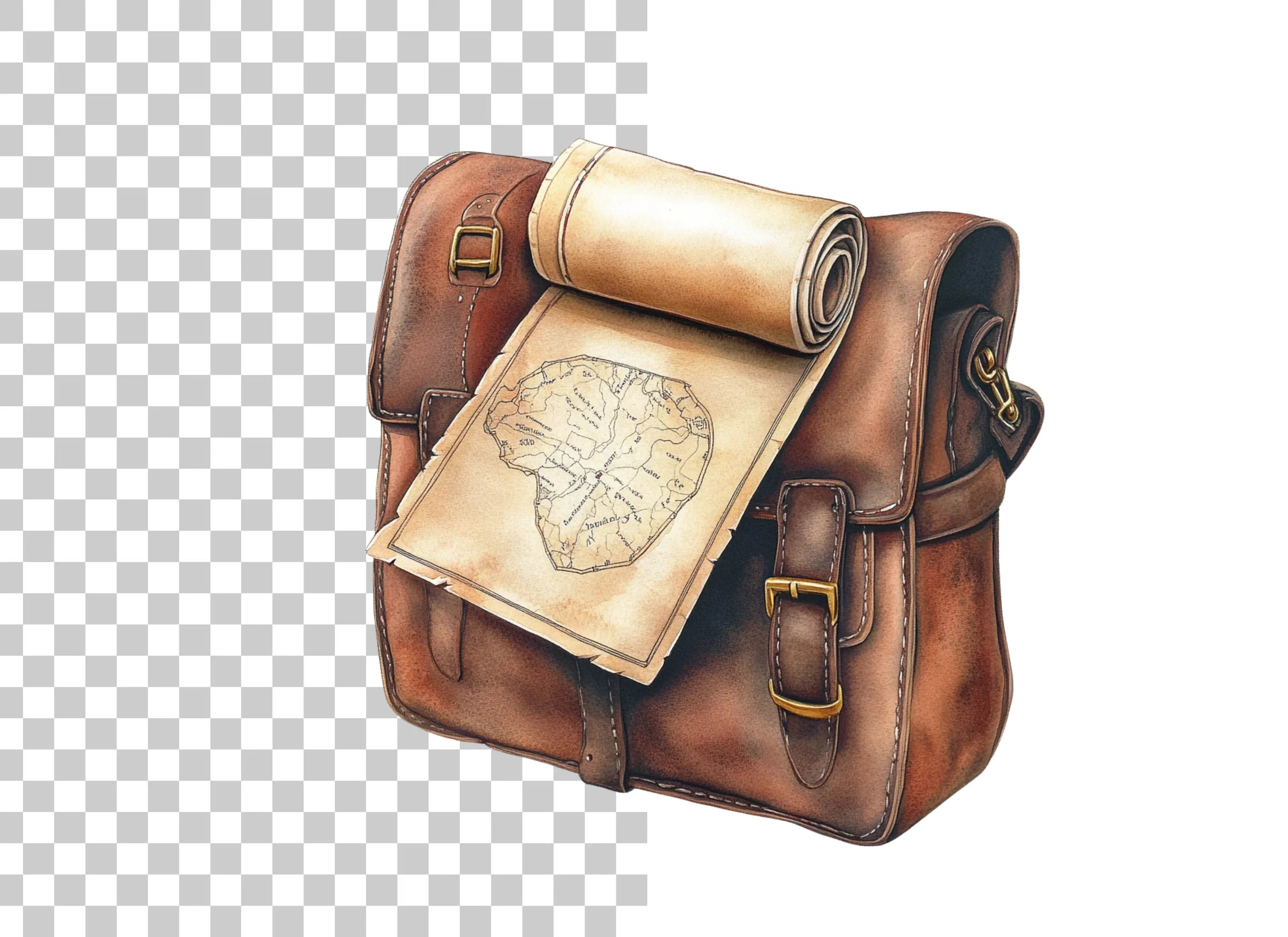 Vintage Leather Satchel with Old Maps Clipart Bundle