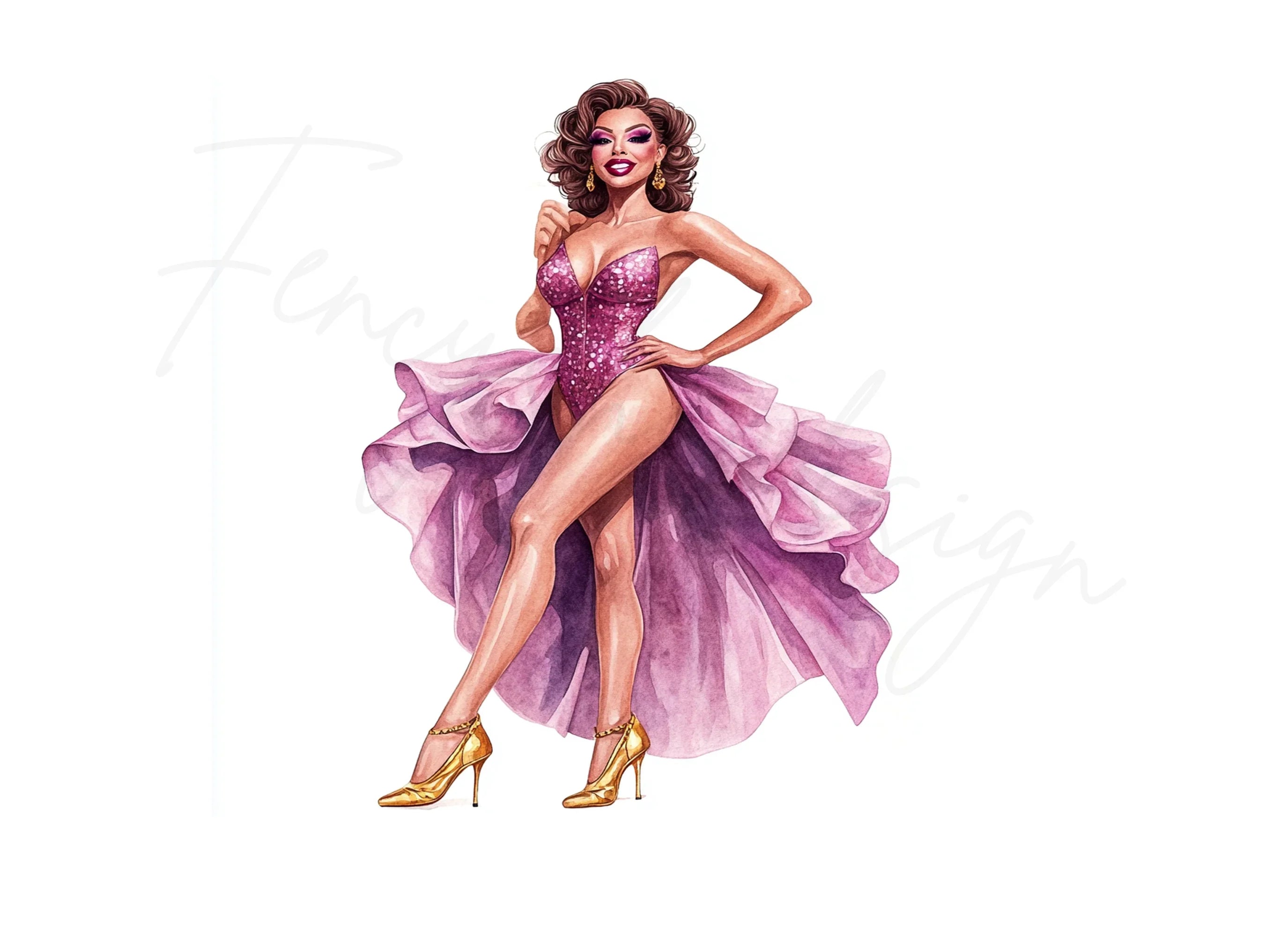 Glamorous Diva in Pink Gown Clipart Bundle