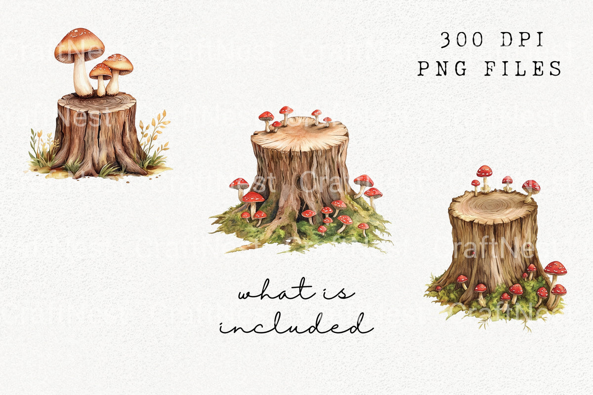Mushroom Tree Stump Clipart Bundle