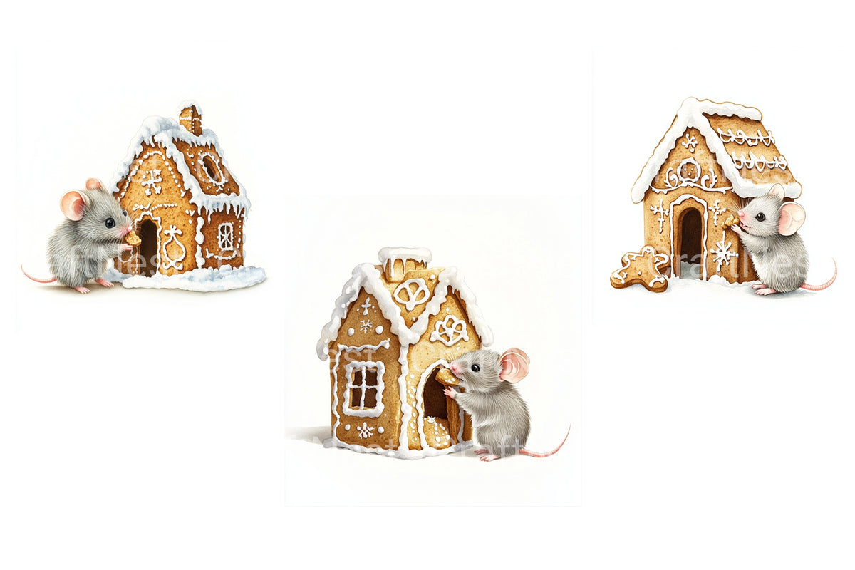 Cute Mice With Gingerbread Houses Clipart Bundle