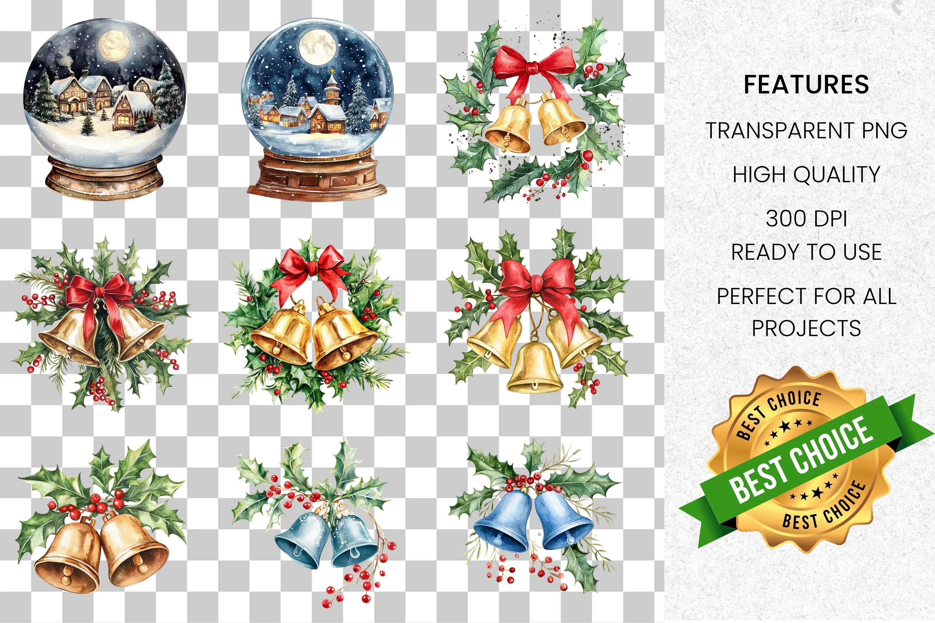 Festive Christmas Bells Clipart Bundle
