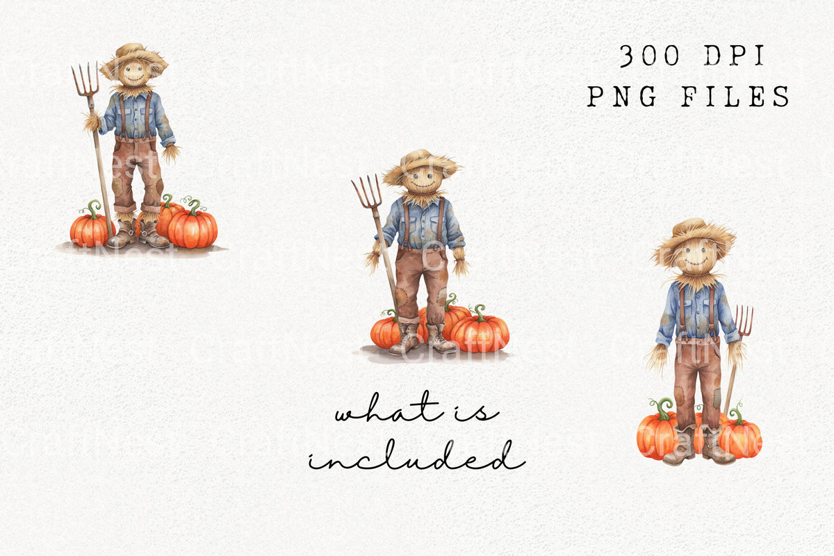 Happy Scarecrow With Pumpkins Autumn Clipart Bundle