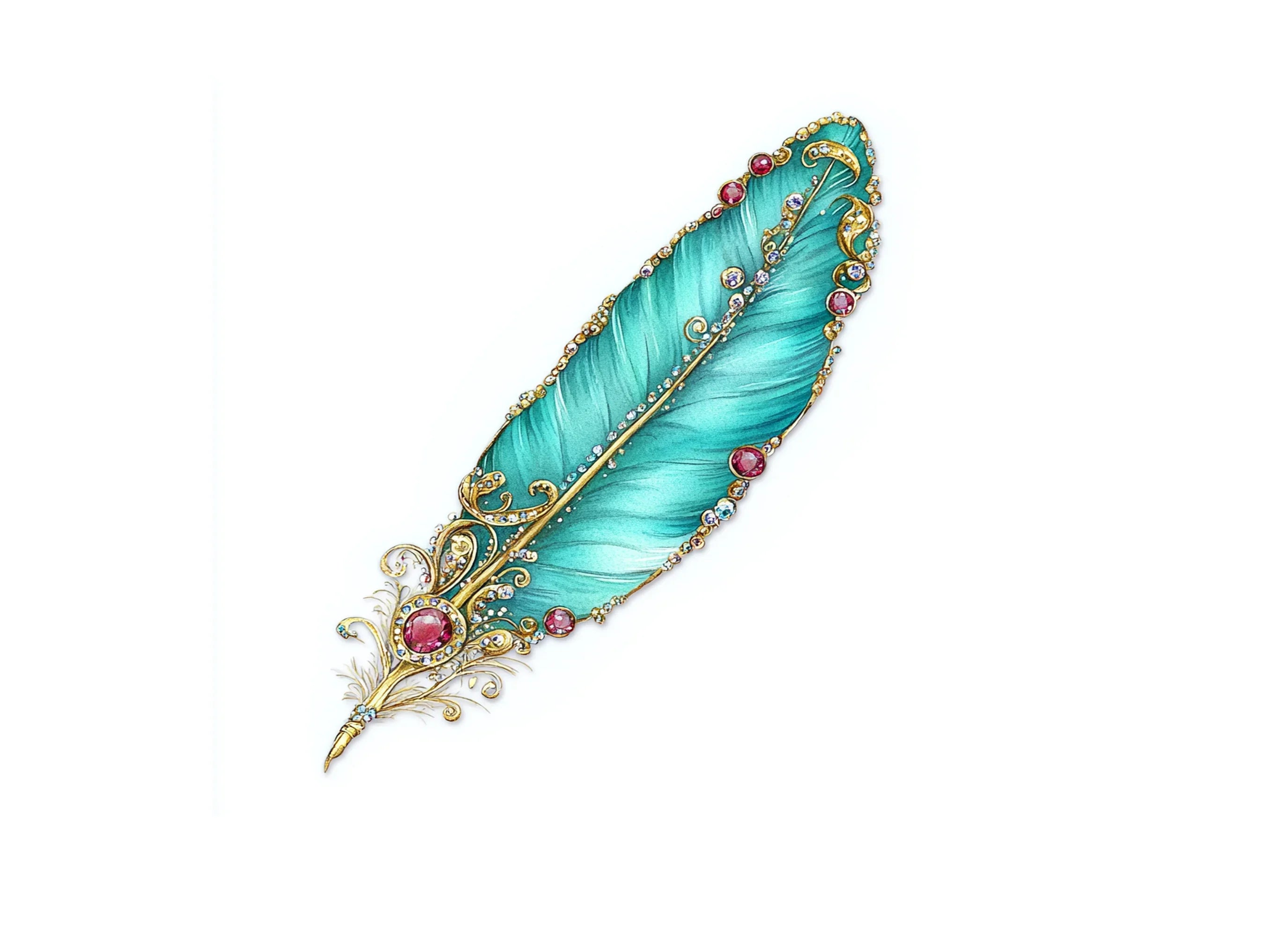 Vibrant Teal Jeweled Feather Clipart Bundle