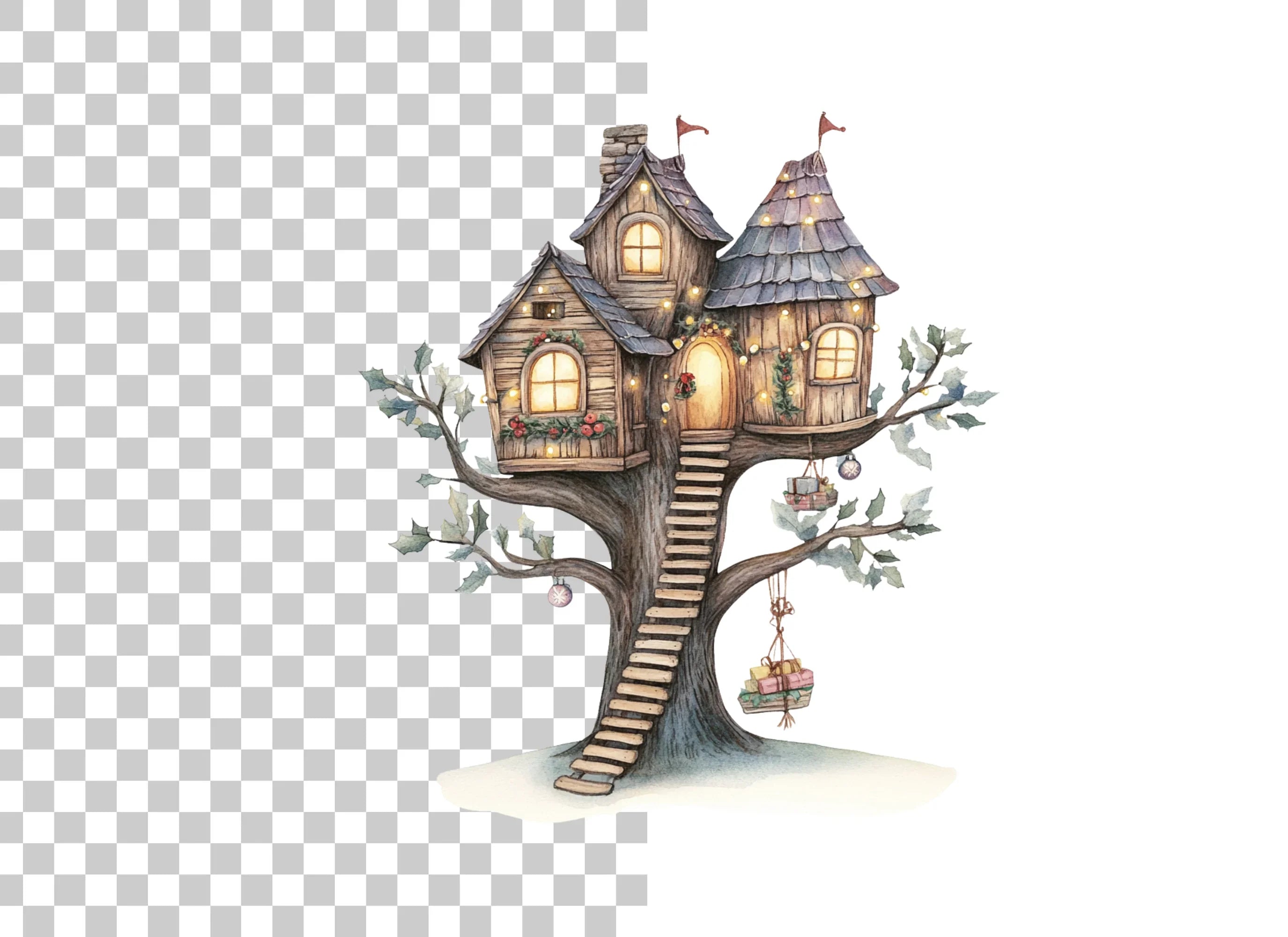 Cozy Christmas Treehouse Clipart Bundle