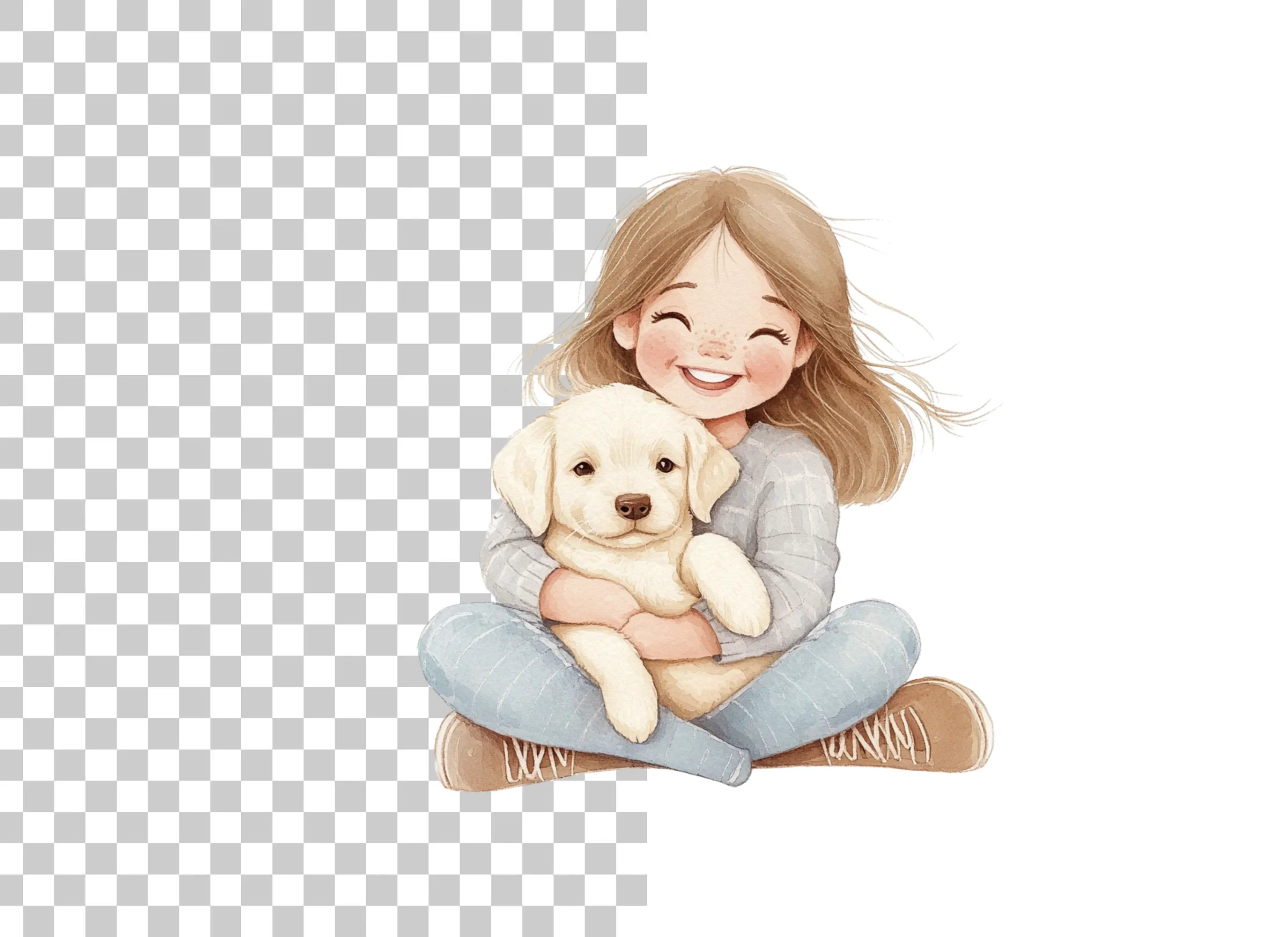 Happy Girl Cuddling Puppy Clipart Bundle