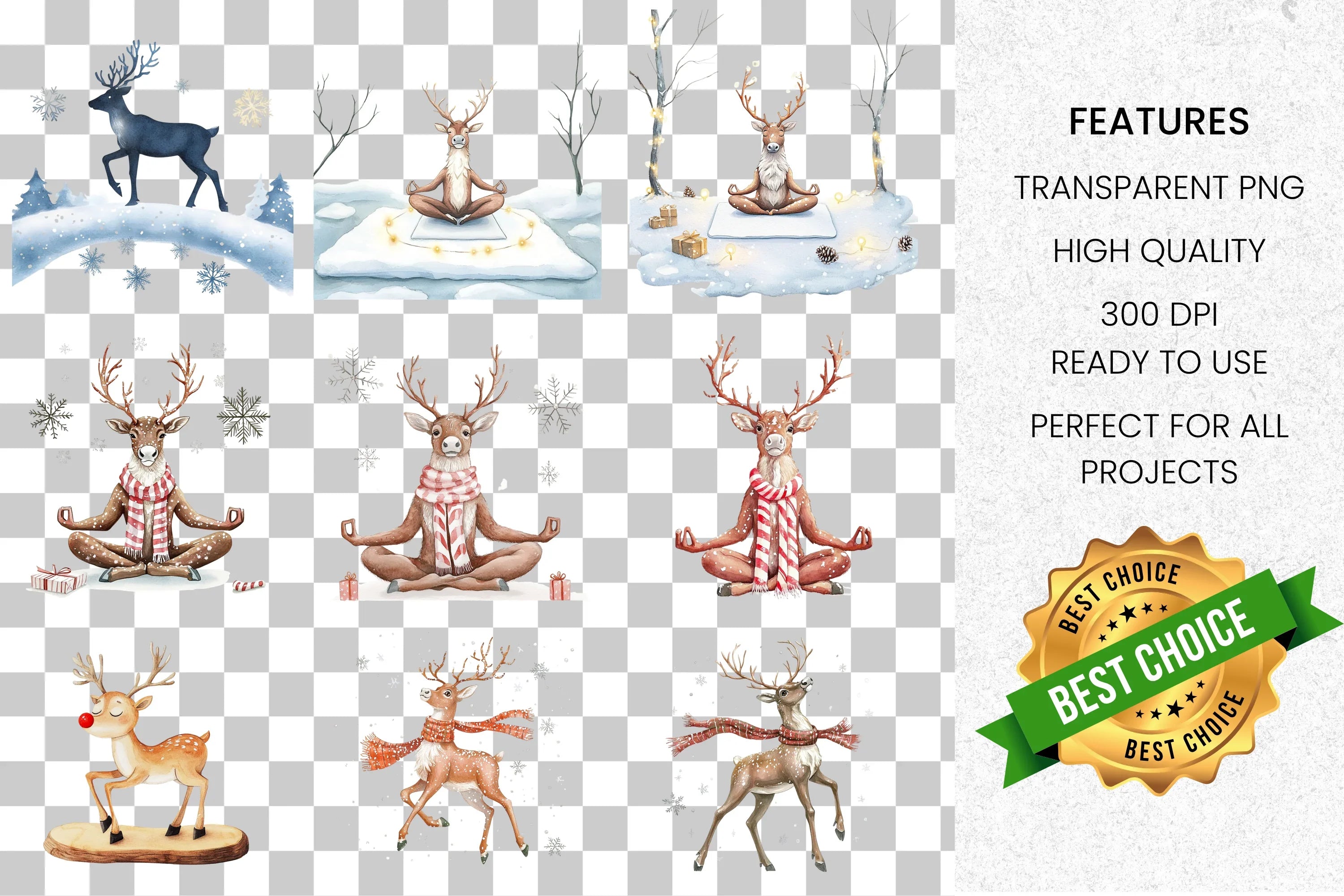 Meditating Reindeer Winter Clipart Bundle