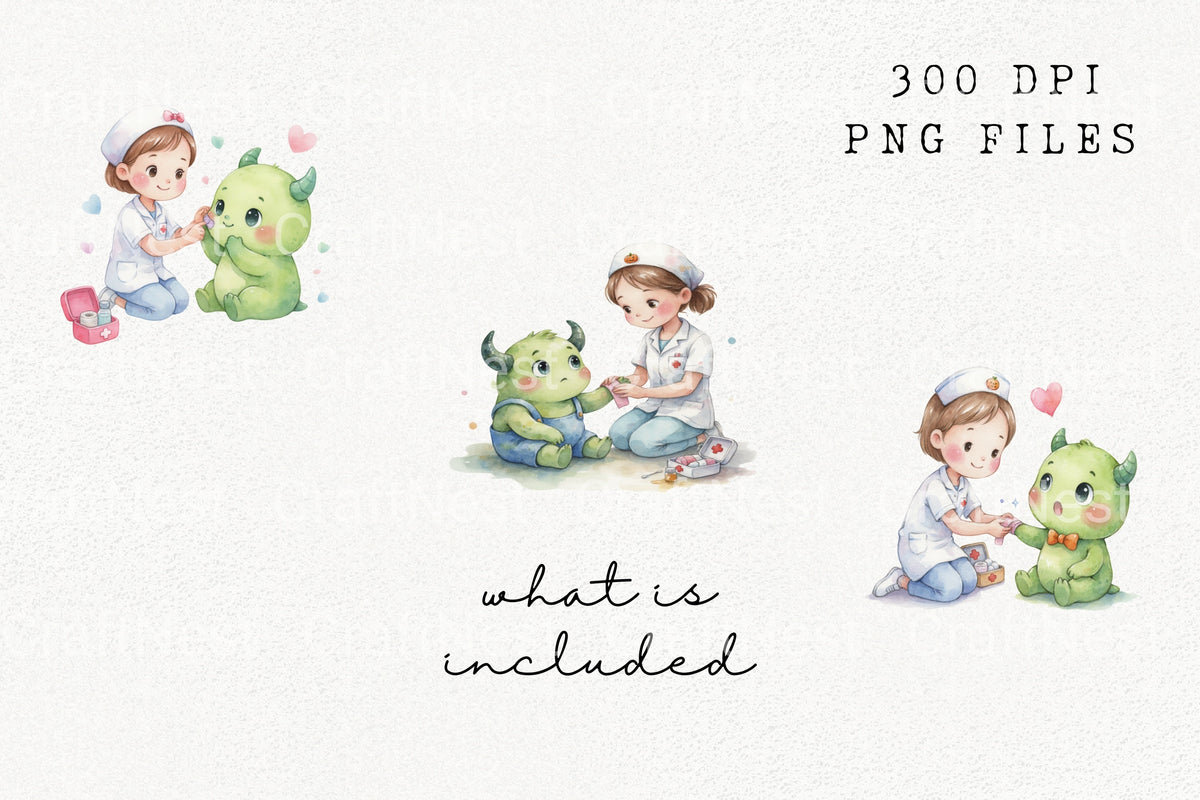 Nurse Caring For Cute Monster Clipart Bundle