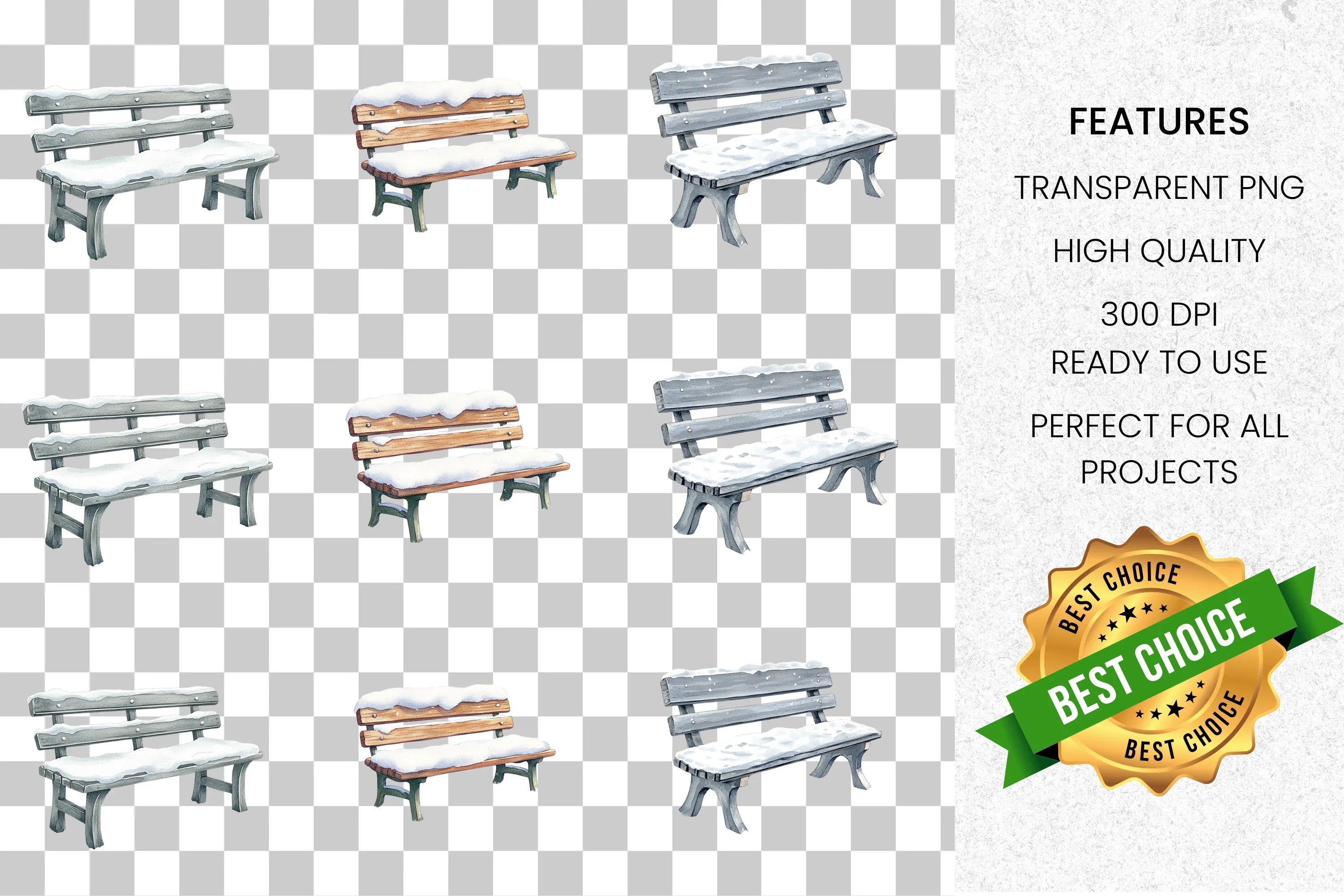 Snowy Park Bench Winter Clipart Bundle