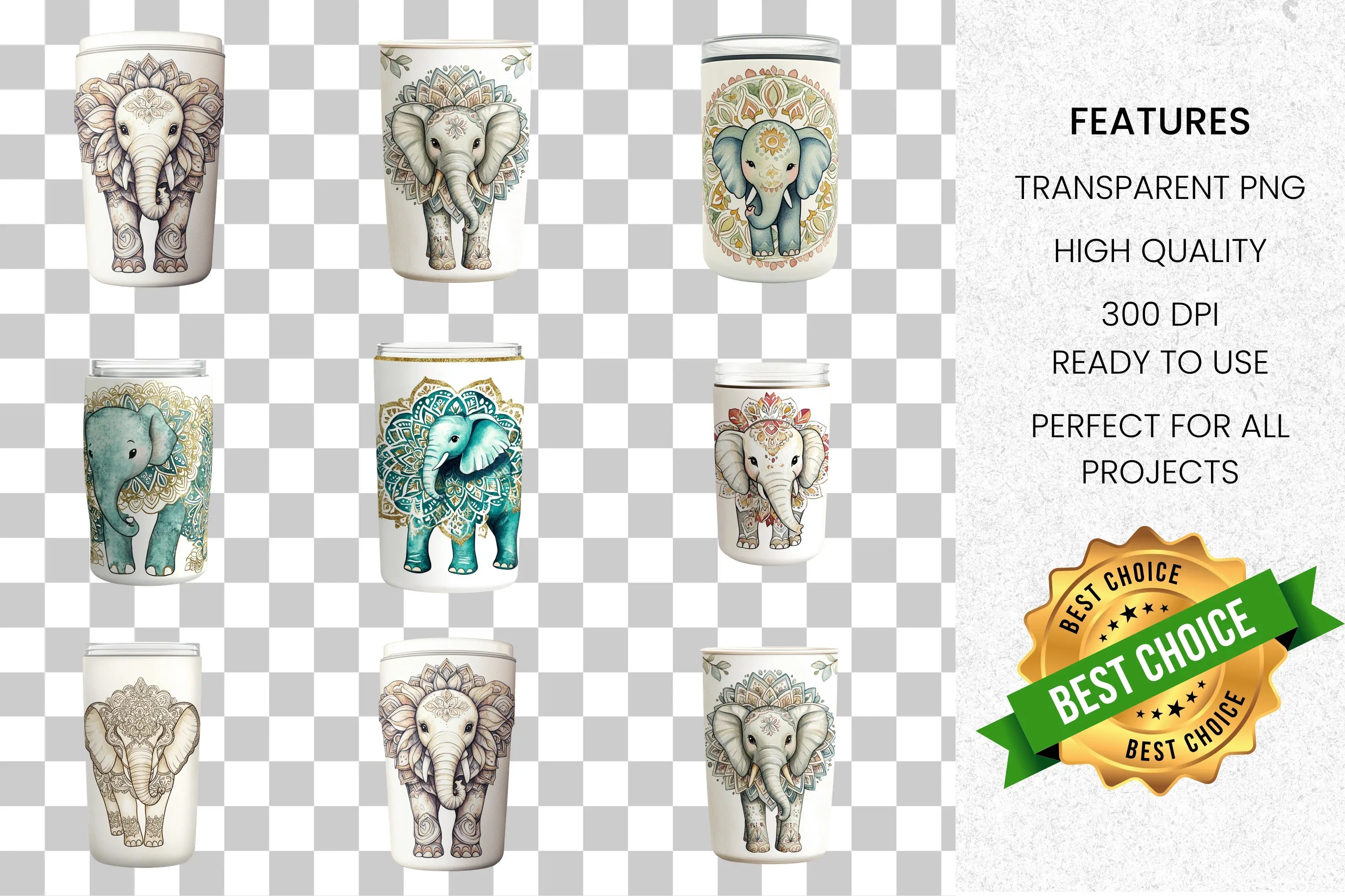 Boho Mandala Elephant Tumbler Clipart Bundle