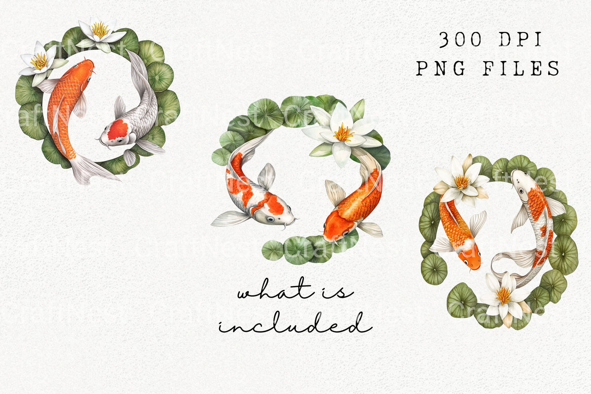 Koi Fish And Lotus Wreath Essentials Clipart Bundle