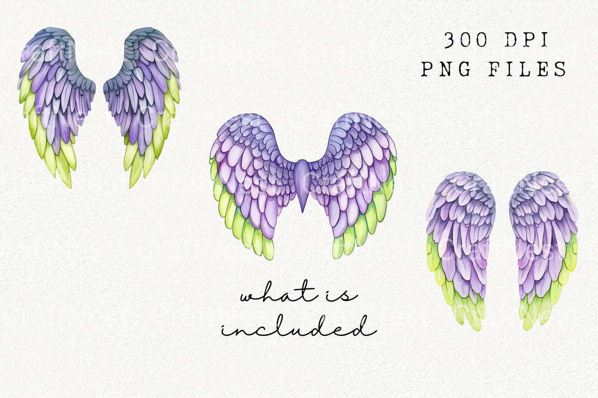 Purple Green Angel Wings Clipart Bundle