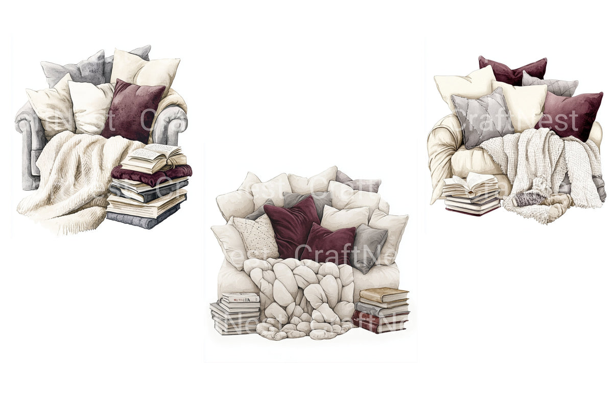 Cozy Armchair With Pillows And Books Clipart Planner