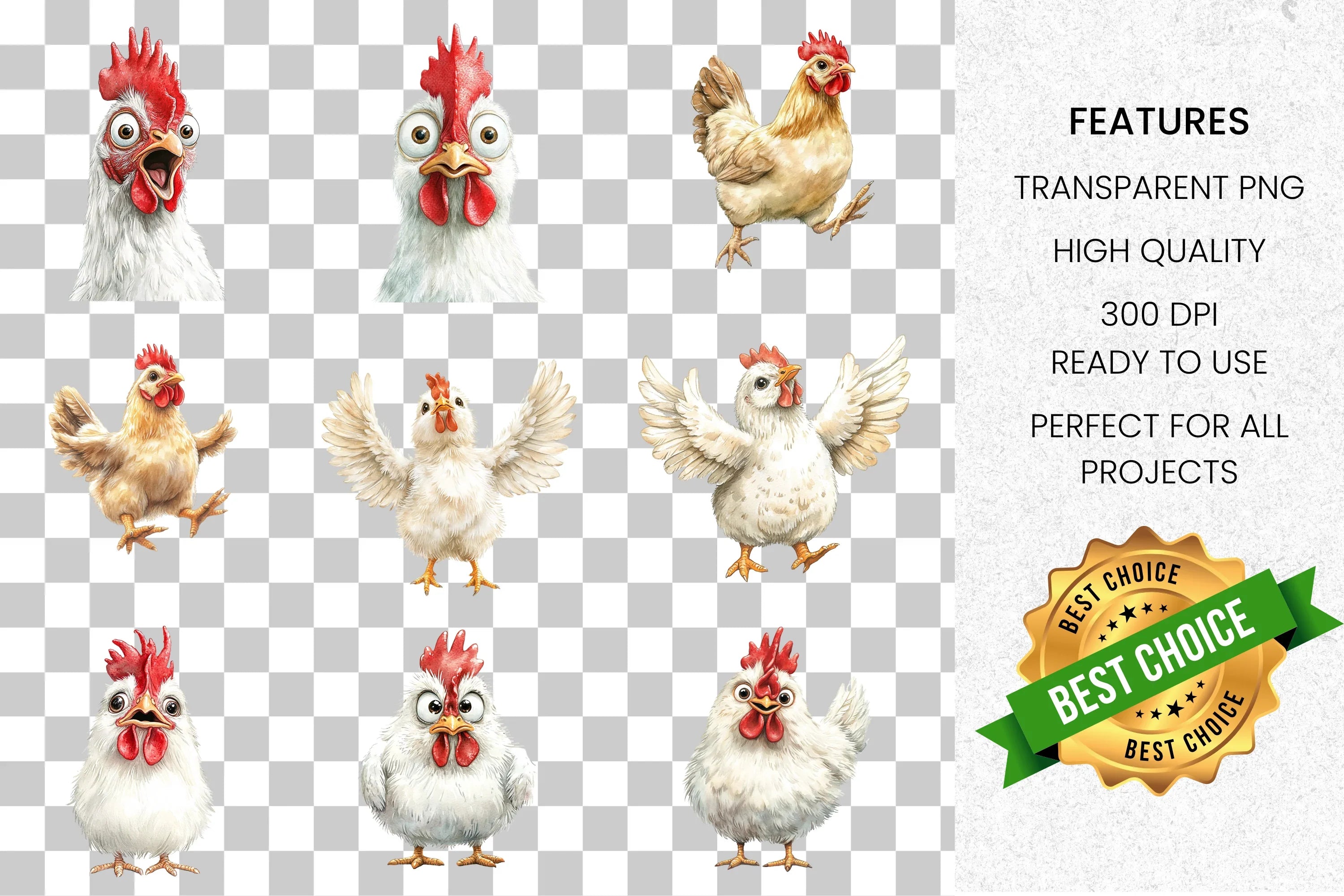 Funny Chicken and Rooster Clipart Bundle