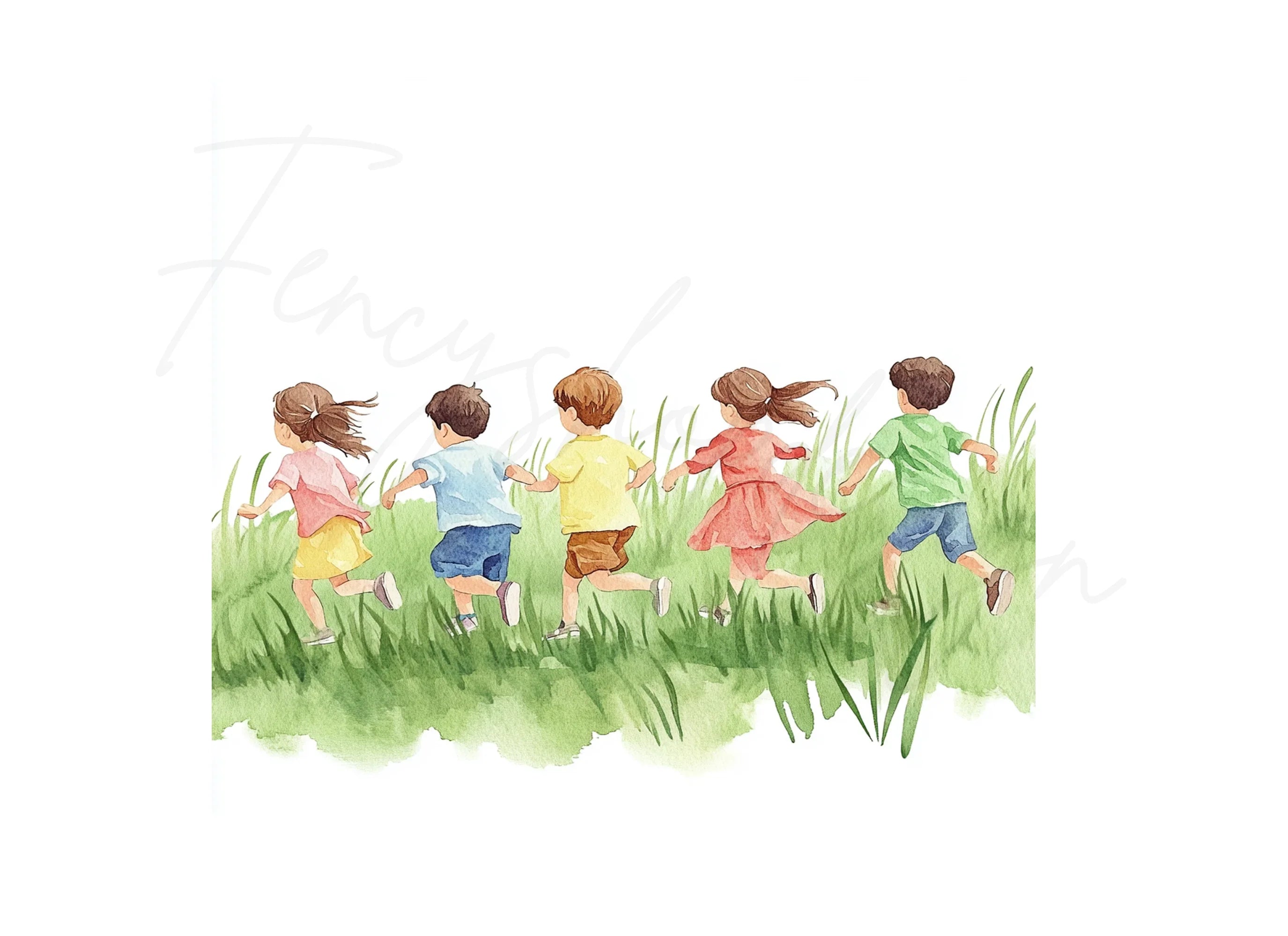 Kids Running in Grass Clipart Bundle