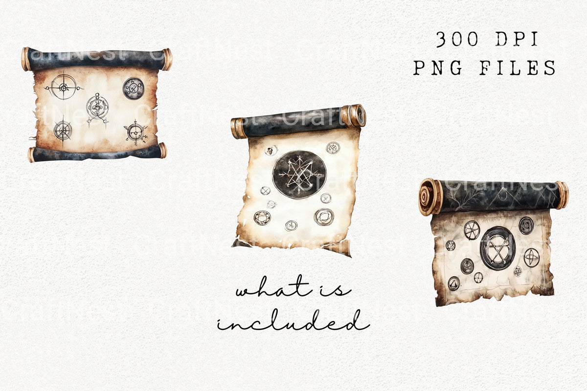 Ancient Magic Scrolls Clipart Bundle