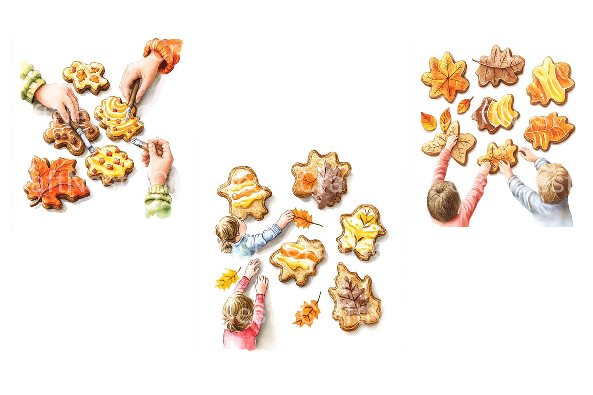 Kids Decorating Autumn Leaf Cookies Clipart Bundle
