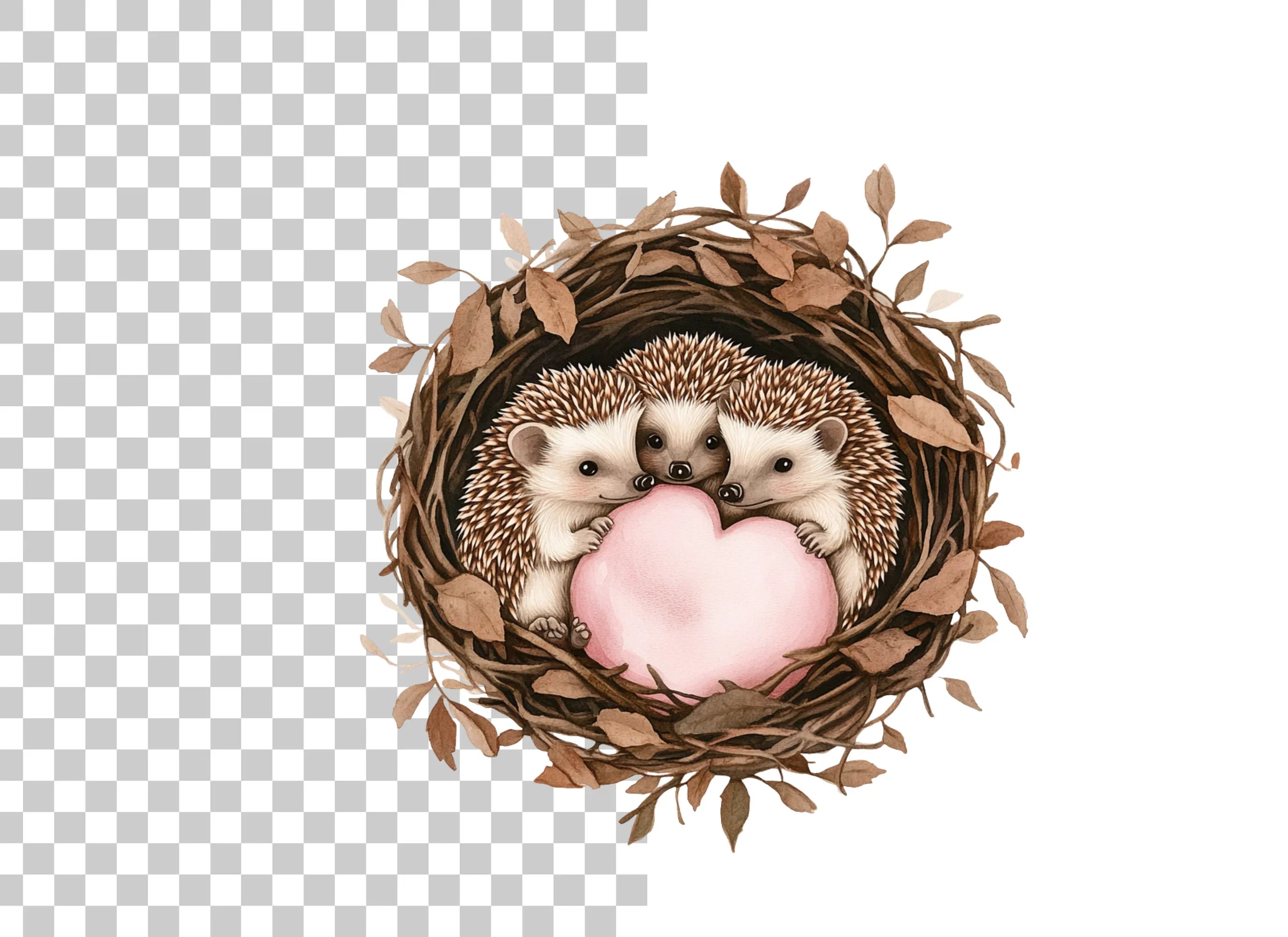 Cute Hedgehogs in Nests with Hearts Clipart Bundle
